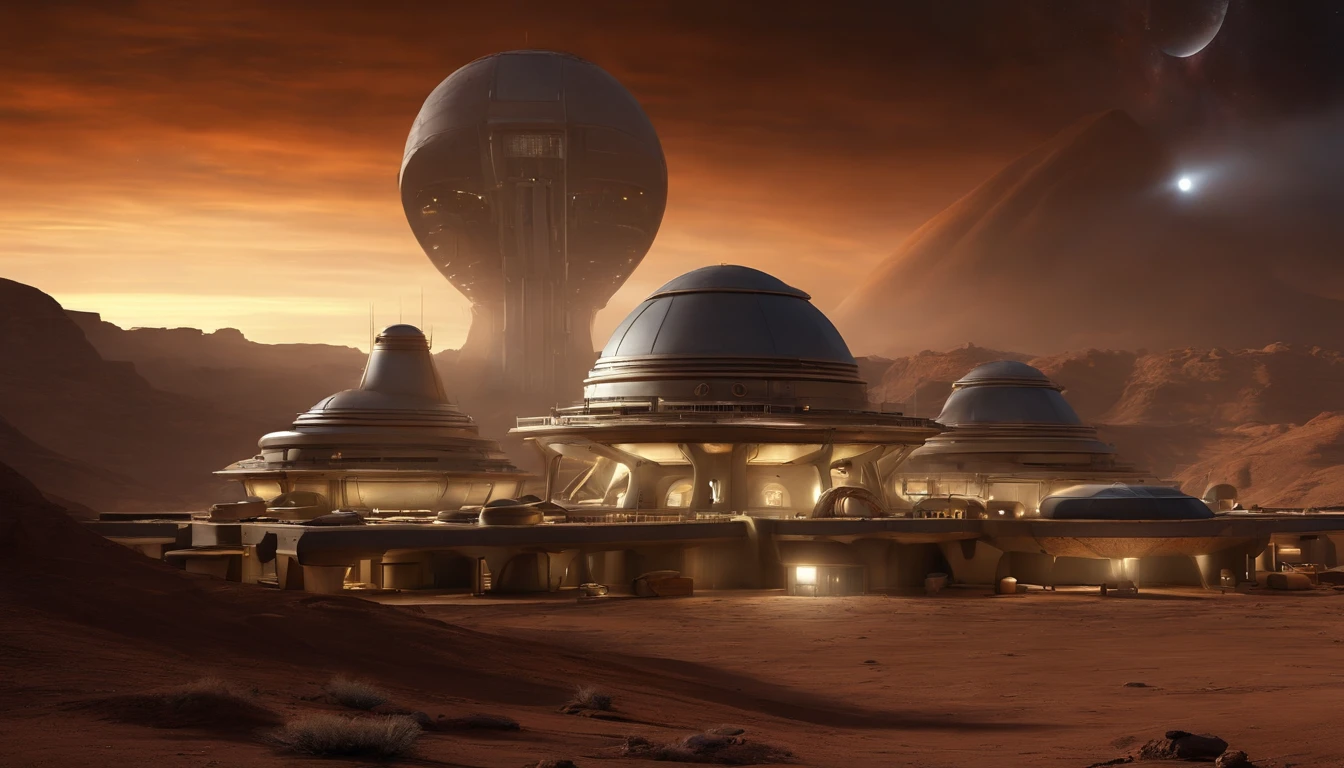 Alien base (Very detailed) In the mountainous desert there are several exhaust fans and chimneys, Some spotlights come out of the base to illuminate dark places, (Extreme nights), Some clouds in the night sky, Some of the surrounding planets give air to unknown planets