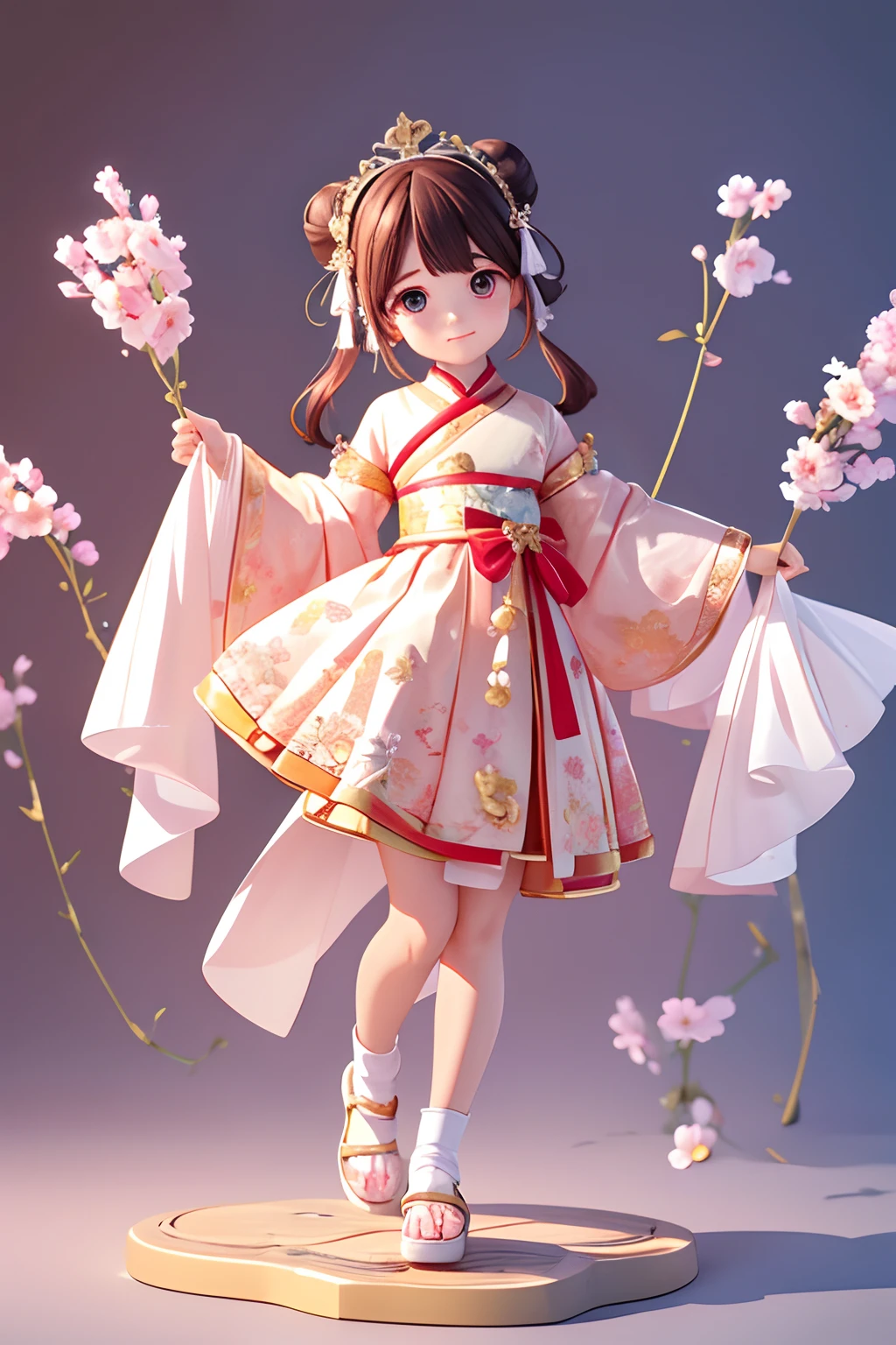 a super cute little boy IP by POP mart, boy, boy, Chinese Peking Opera elements, with one bun of hair tied, a chubby face, brown hair, holding a vase of flowers in his hand, chinese style, chinese dress, plain hanbok, cute pose with sparkling eyes best qulity, clay material, full body, clean background, studio light, ultra-detail, 3D, C4DBlender, OC renderer, ultra HD, 3D rendering, model, blind box toy, smooth and delicate, clean background, 3d rendering, extreme detail, 8k, extreme clarity, high sharpening, ray tracing, particle effects, studio lighting, Rembrandt effect, hd quality, hd colour contrast, stunning CG art,fine details on the dress and accessories,sparkling lighting effects,professional concept art, portrait of Albedo with vibrant colours,studio-quality production,Genshin Impact-inspired