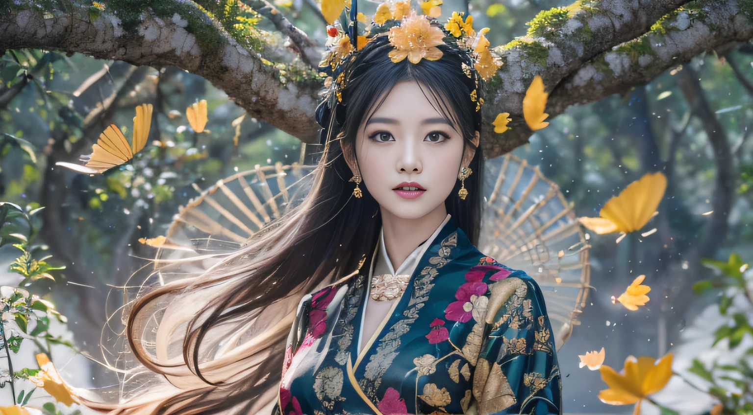32K(tmasterpiece,k hd,hyper HD,32K)Long flowing black hair,ponds,zydink, a color, Asian people (Silly girl), (Silk scarf), Combat posture, looking at the ground, long whitr hair, Floating hair, Carp pattern headdress, Chinese bright purple long-sleeved outfit, (abstract ink splash:1.2),Yellow ginkgo biloba background,Pink and white lotus flowers fly(realisticlying:1.4),Black color hair,Fallen leaves flutter,The background is pure, A high resolution, the detail, RAW photogr, Sharp Re, Nikon D850 Film Stock Photo by Jefferies Lee 4 Kodak Portra 400 Camera F1.6 shots, Rich colors, ultra-realistic vivid textures, Dramatic lighting, Unreal Engine Art Station Trend, cinestir 800,Long flowing black hair