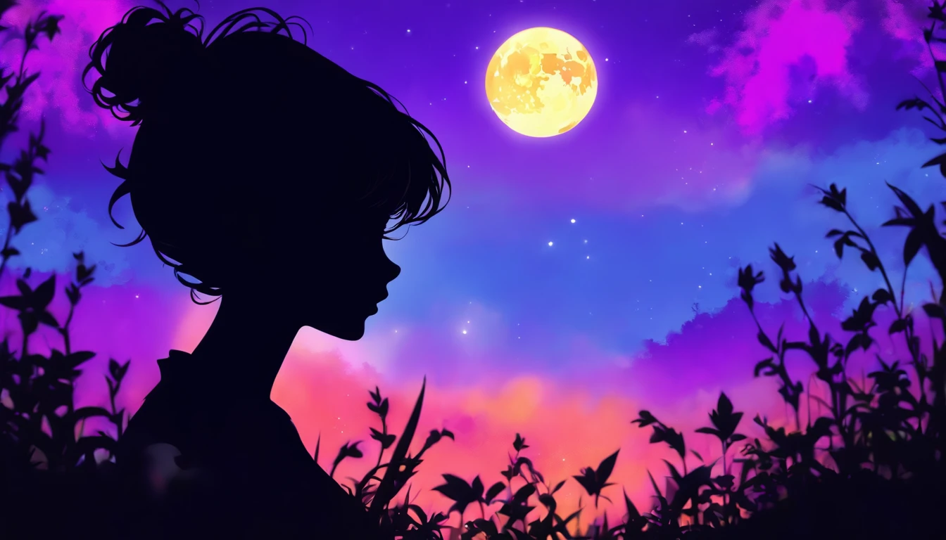 (Silhouette Art,cutouts:1.6)
(((Paper cutting art,A world where only black exists:1.3)
(Cowboy Shot),1 girl,Solo,
(Girl in a witch's hat,profile:1.2),white, Clear and beautiful face,The Moon Behind
break
(Purple Moon、Yellow jack-o'-lantern)
Textured glass background,Arcana World