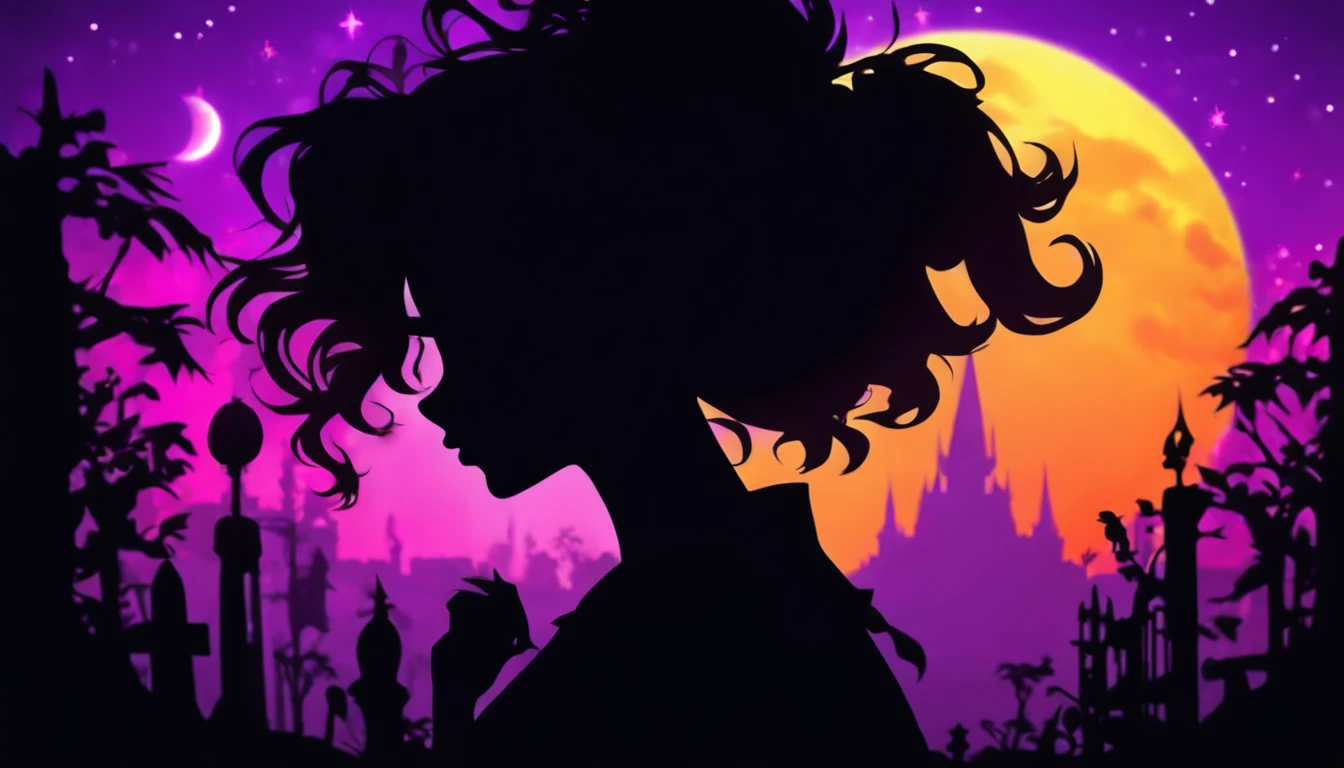 (Silhouette Art,cutouts:1.6)
(((Paper cutting art,A world where only black exists:1.3)

(Cowboy Shot),1 girl,Solo,
(Girl in a witch's hat,profile:1.2),white, Clear and beautiful face,The Moon Behind

break
(Purple Moon、Yellow jack-o'-lantern)
Textured glass background,Arcana World