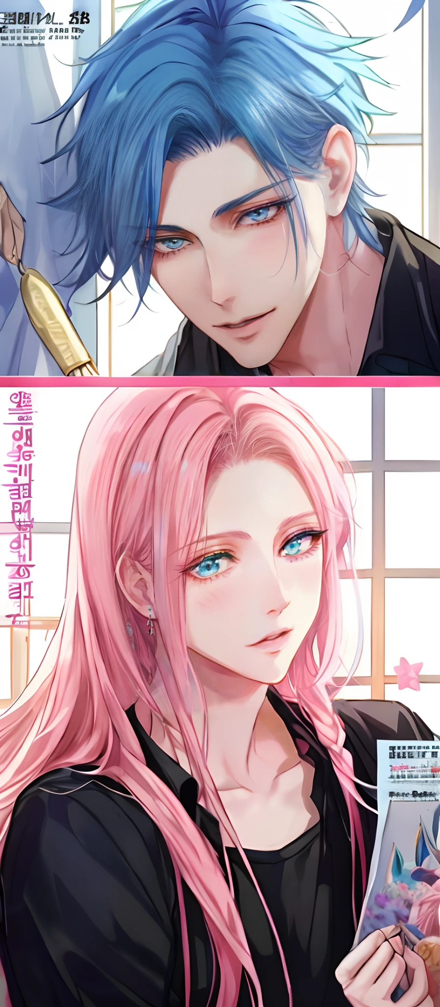 ((Male and female couples)), window, Idol Photos, Magazine covers, Photos of actors, Professional Photos, Height difference, tall male, Happiness, youthfulness, extra detailed face, detailed punk hair, very detailed character, inspired by Sim Sa-jeong, Cai Xukun's, detailed realistic faces, highly detailed realistic face, high detailed face anime, realistic detailed face, Accurate detailed face, attractive androgynous humanoid, Cool Korean fashion in black, ((With a man with light blue hair)), ((Woman with pink hair)), ((Woman with long hair below waist)), ((Man with short hair over ears)), ((Pink hair woman with gentle expression)), ((Man with light blue hair with wild expression)), high-level image quality, masterpiece, Photographed so that the whole body can be seen, Photographed to make clothes look beautiful, Take your eyes off, ((two individuals)), ((British couple))