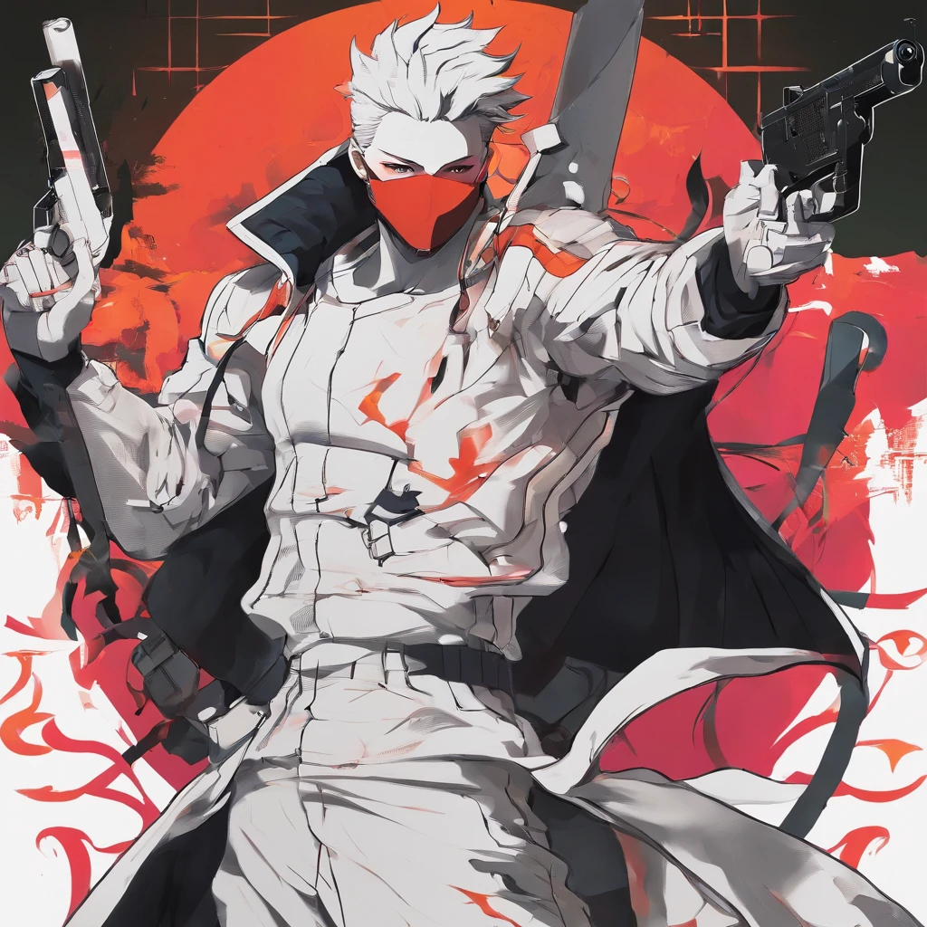 Sateen,the night,ember,Smile mask,coat large,Fighting posture,holding gun