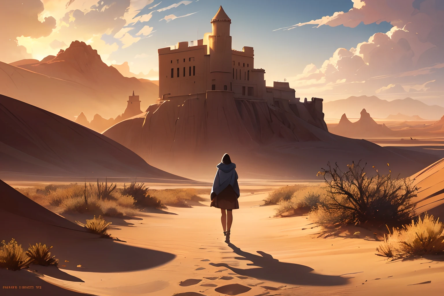 Desert badlands, silhouette female wearing a robe visible from a distance, hoodie on, Yellow sand in the sky，The background is a vast desert, Desert oasis，richcolors，digital landscape art, environment design illustration, 4k digital painting, stunning, a Desert Castle background, concept art, intricately Detailed