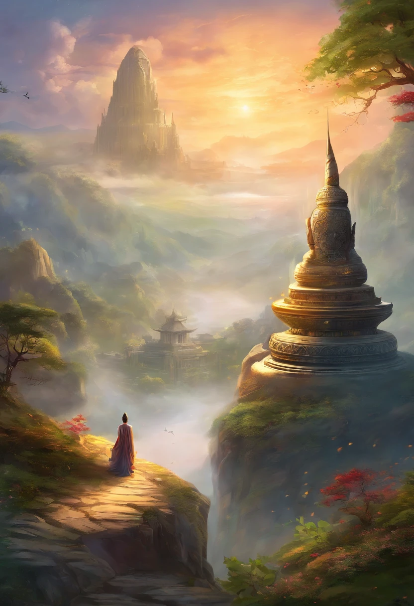 Huge Buddha statue,There are steps leading to it, Devout people。Zen temples。Real impact,rich details,k hd,realisticlying