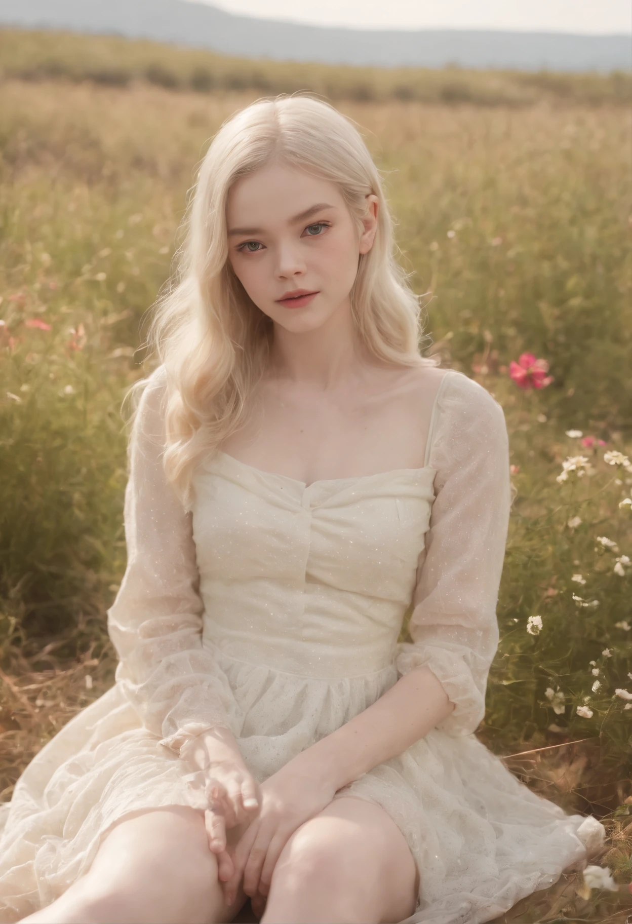 (masterpiece), best quality, a photograph of one (full body, beautiful albino woman, 18 years old, attractive, a goddess, beautiful girl, albino queen), white curly hair with bangs, large breasts, thick thighs, pink lips, small freckles on the face, silky skin, beautiful green eyes (sparkle in the eyes), earrings, choker, short white dress of fine silk, beautiful smile, in an open field with lawn, flowery, blue sky, morning, soft lighting.