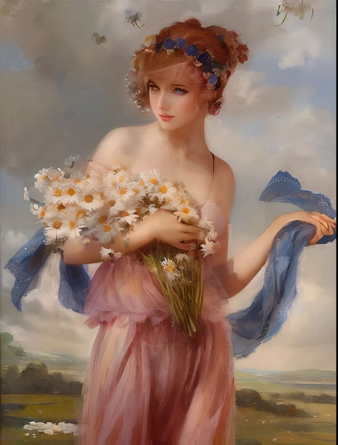 Beautiful blonde woman covered in daisies flowers, perfect beautiful blue eyes, symmetrical eyes, both eyes identical size round iris and pupils, symmetry, 8k resolution, artistic style, beautiful detail, Lady with Flowers by Leopold Schmutzler
