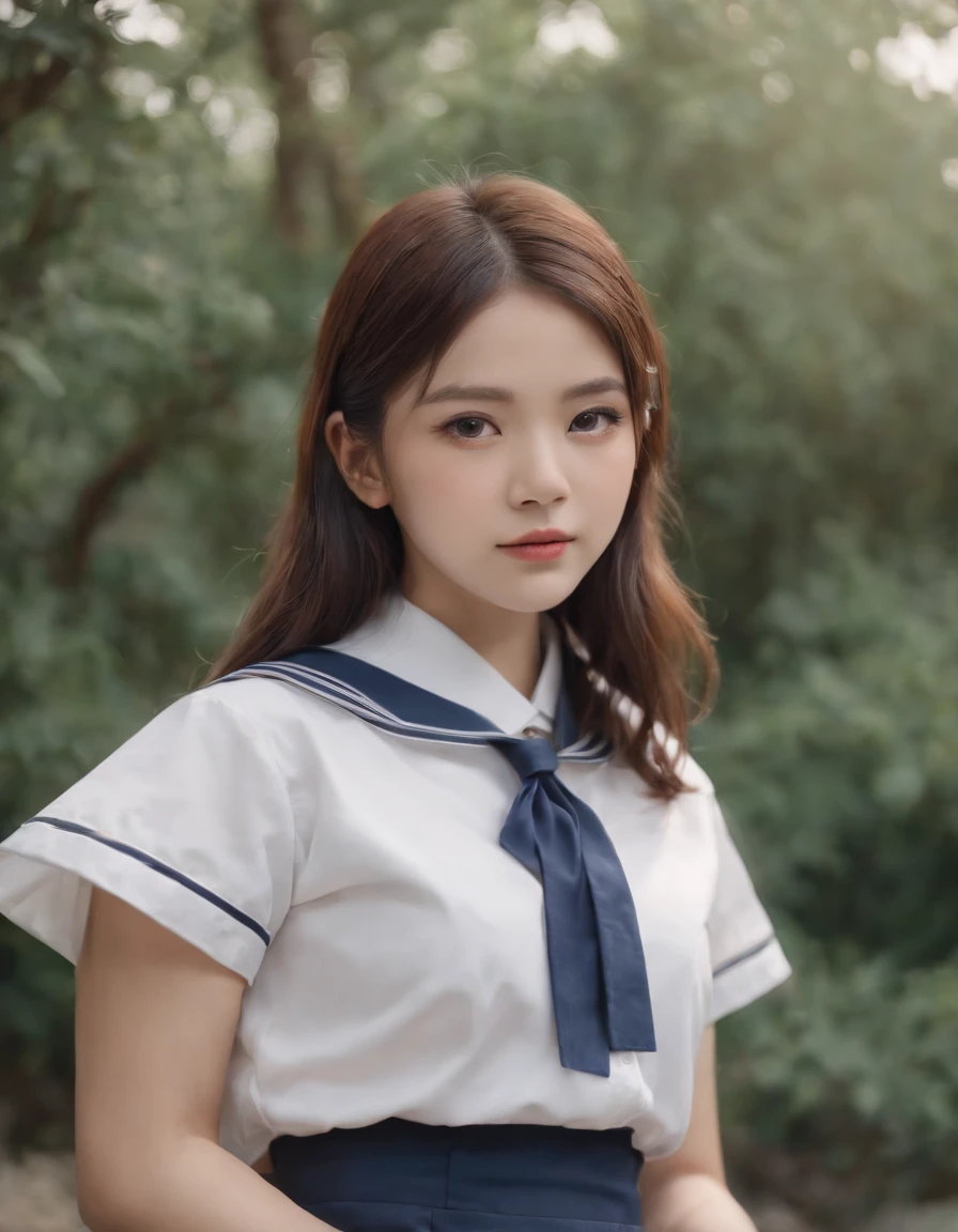 best quality, 1girl, long hair, beautiful eyes, ((japanese school shirt)), a sailor suit，Dark blue pleated skirt,sailor collar, neckerchief, white short sleeves, outdoors, high quality photo. versized portraits,  upper body