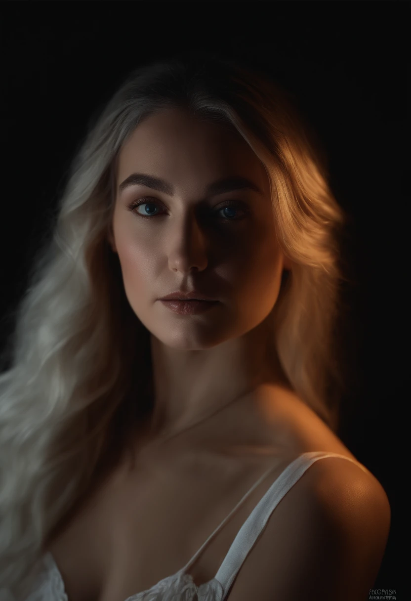 (front focus), (in the dark:1.6), Hyperrealist portrait of female by david hockney and alphonse mucha, fantasy art, photo realistic, dynamic lighting, artstation, poster, volumetric lighting, very detailed faces, 4 k, award winning, 1girl, in the dark, deep shadow, low key, cowboy shot, (official clothing:1.4), long hair, white hair