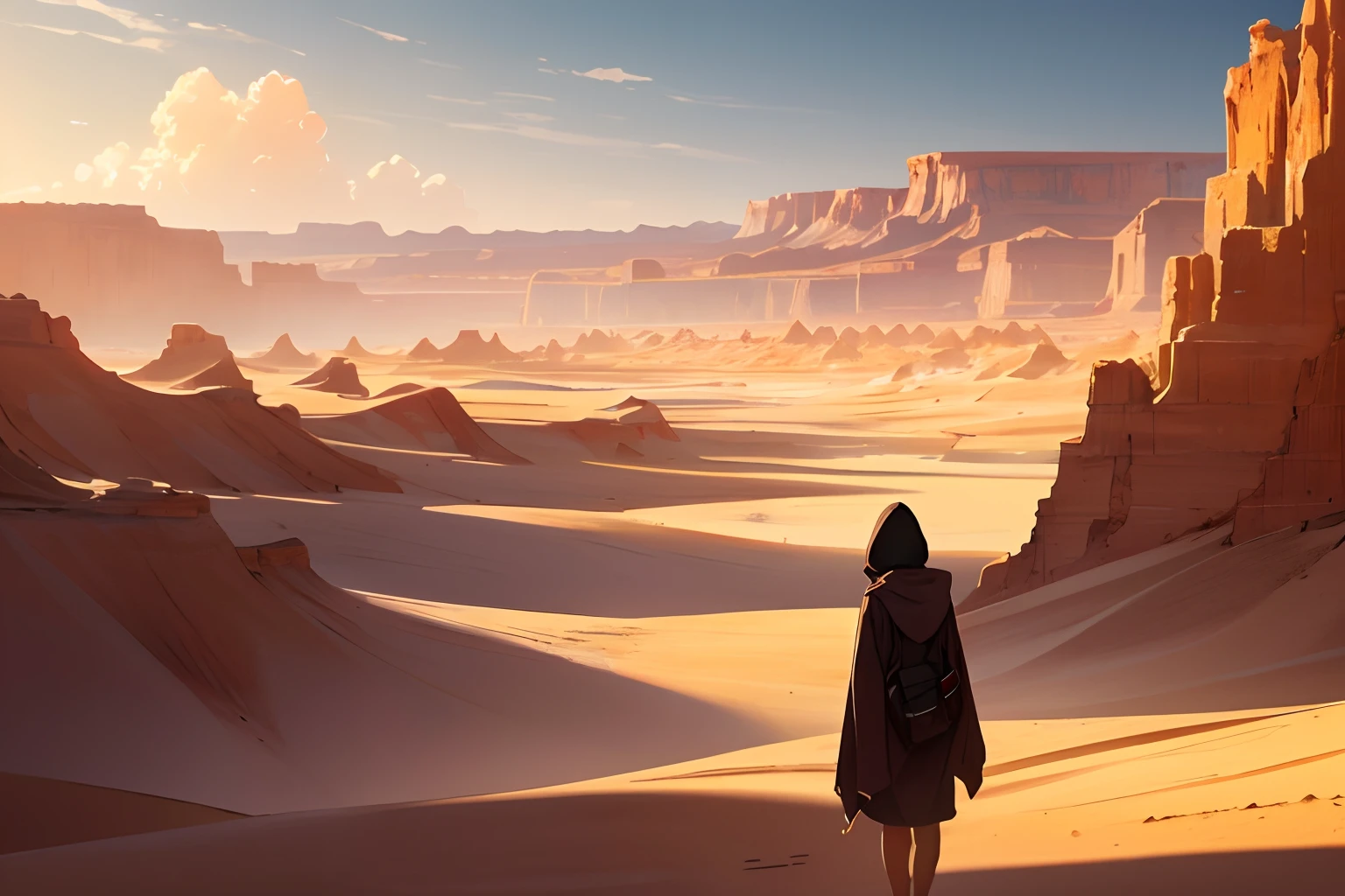 Desert badlands, silhouette female wearing a robe visible from a distance, hoodie on, Yellow sand in the sky,The background is a vast desert, Desert oasis,richcolors,digital landscape art, environment design illustration, 4k digital painting, stunning, Desert background, concept art, Detailed