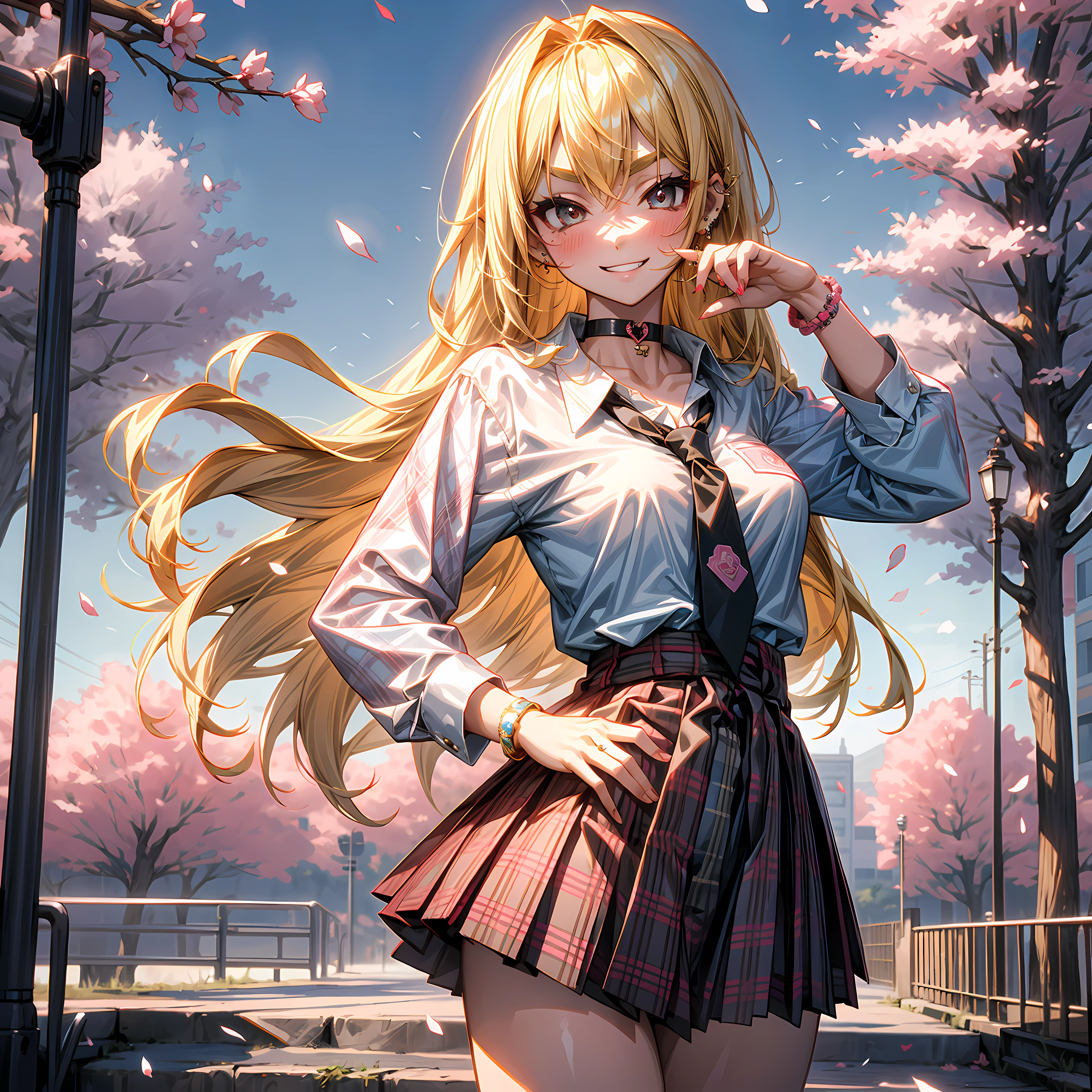 8K, highres, masterpiece, best quality, 
salute, hand on hip, 
full body, momosuzu nene , 1girl, 
bangs, blonde hair,blush,
black choker, black necktie,  (rose on hairpin), blue skirt,  bracelet, choker, clothes around waist, collarbone, collared shirt,  dress shirt, ear piercing, eyebrows visible through hair, gradient hair, grin, gyaru, jewelry, kogal, long hair, 
 loose necktie, necktie, piercing, plaid, plaid skirt, pleated skirt, ring, school uniform, shirt, skirt, smile, solo, white shirt, 
cowboy shot,looking at viewer,
street, sky, cherry blossoms, petals, realistic skin,