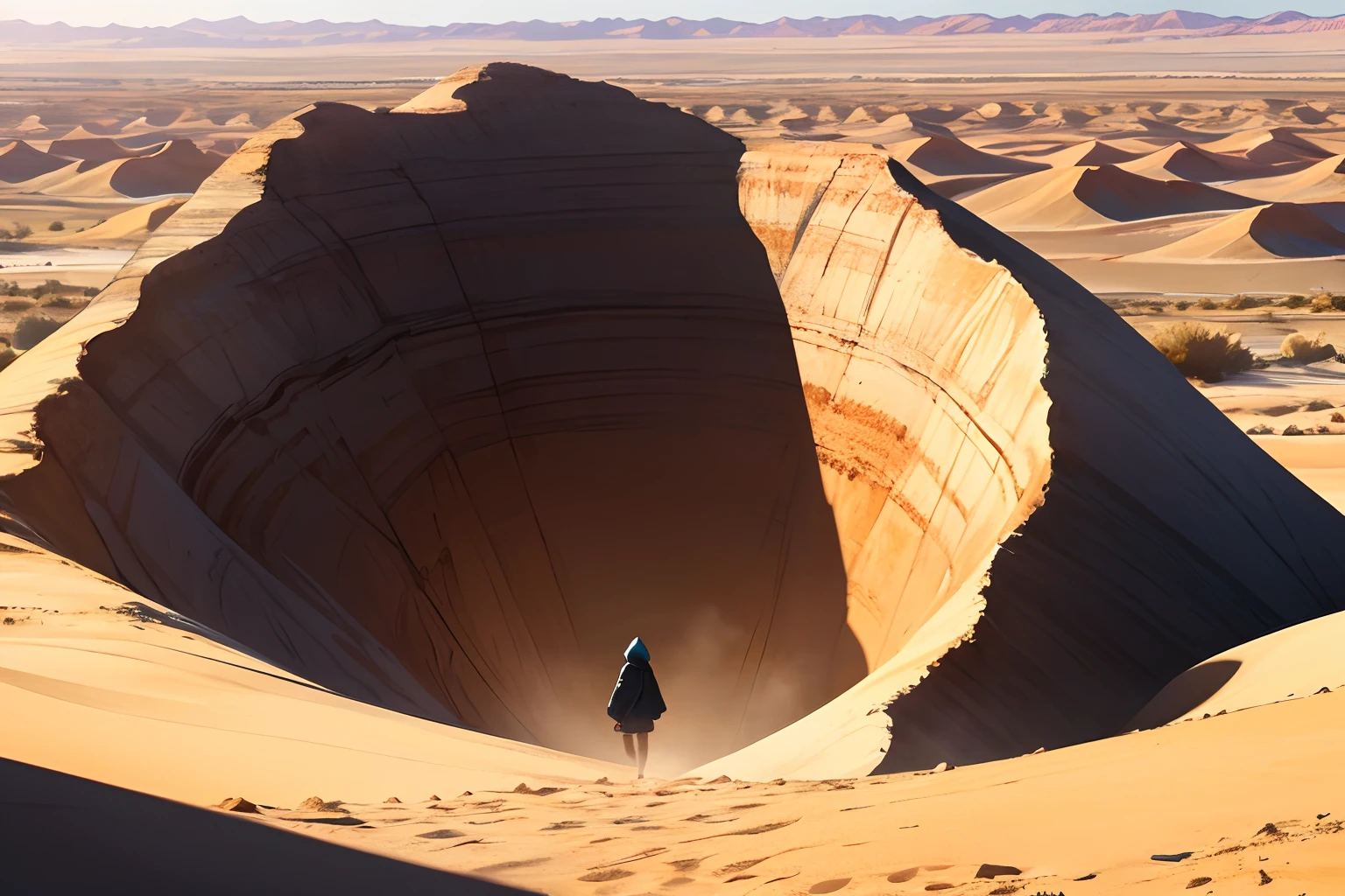 Desert badlands, silhouette of a female wearing a robe visible from a distance, hoodie on, land of sand