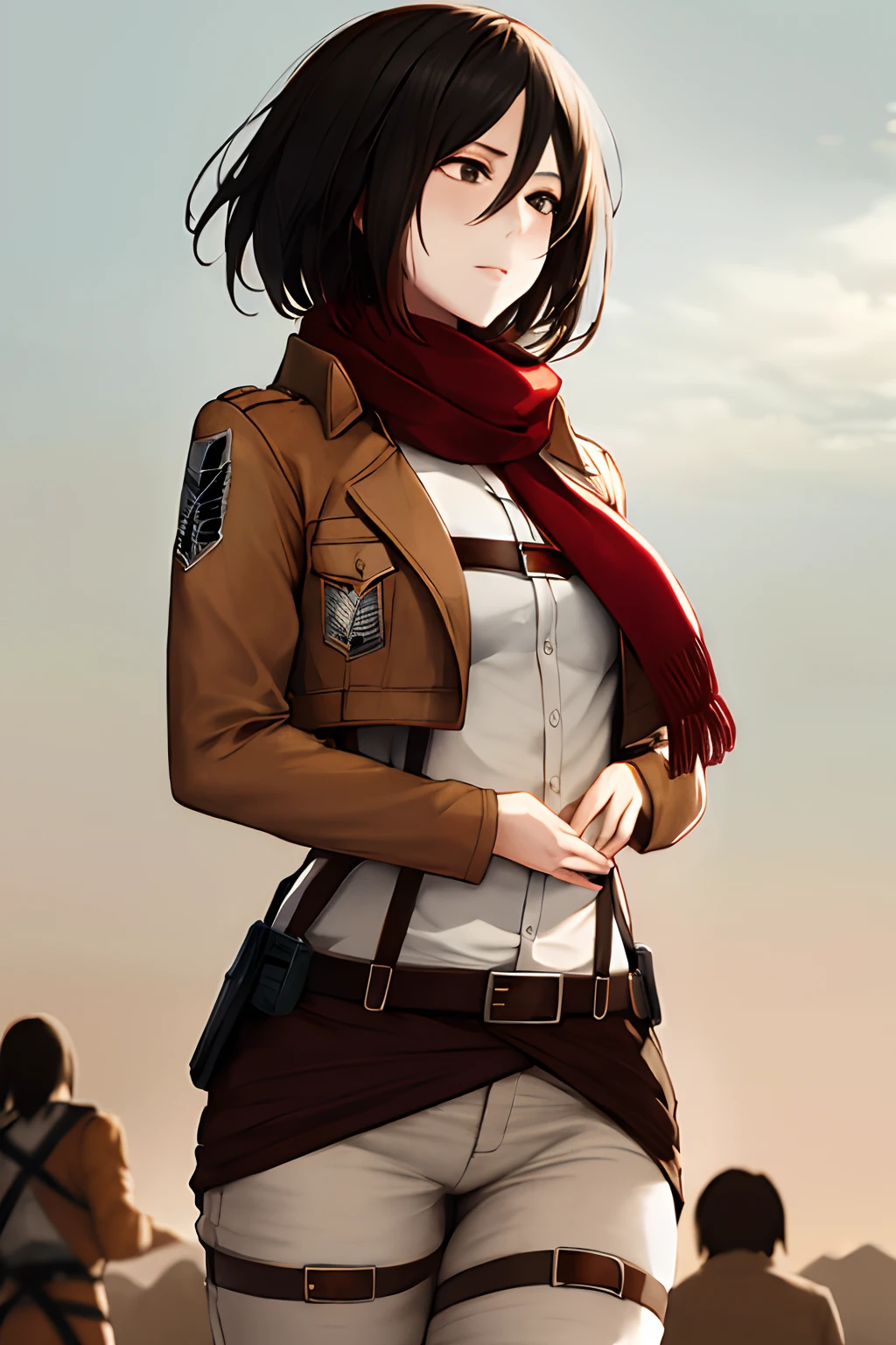 1girl and 1boy, mikasa carrying eren, masterpiece, best quality, highres, hmmikasa, short hair, black eyes, scarf, emblem, belt, thigh strap, red scarf, white pants, brown jacket, long sleeves, cowboy shot, standing,