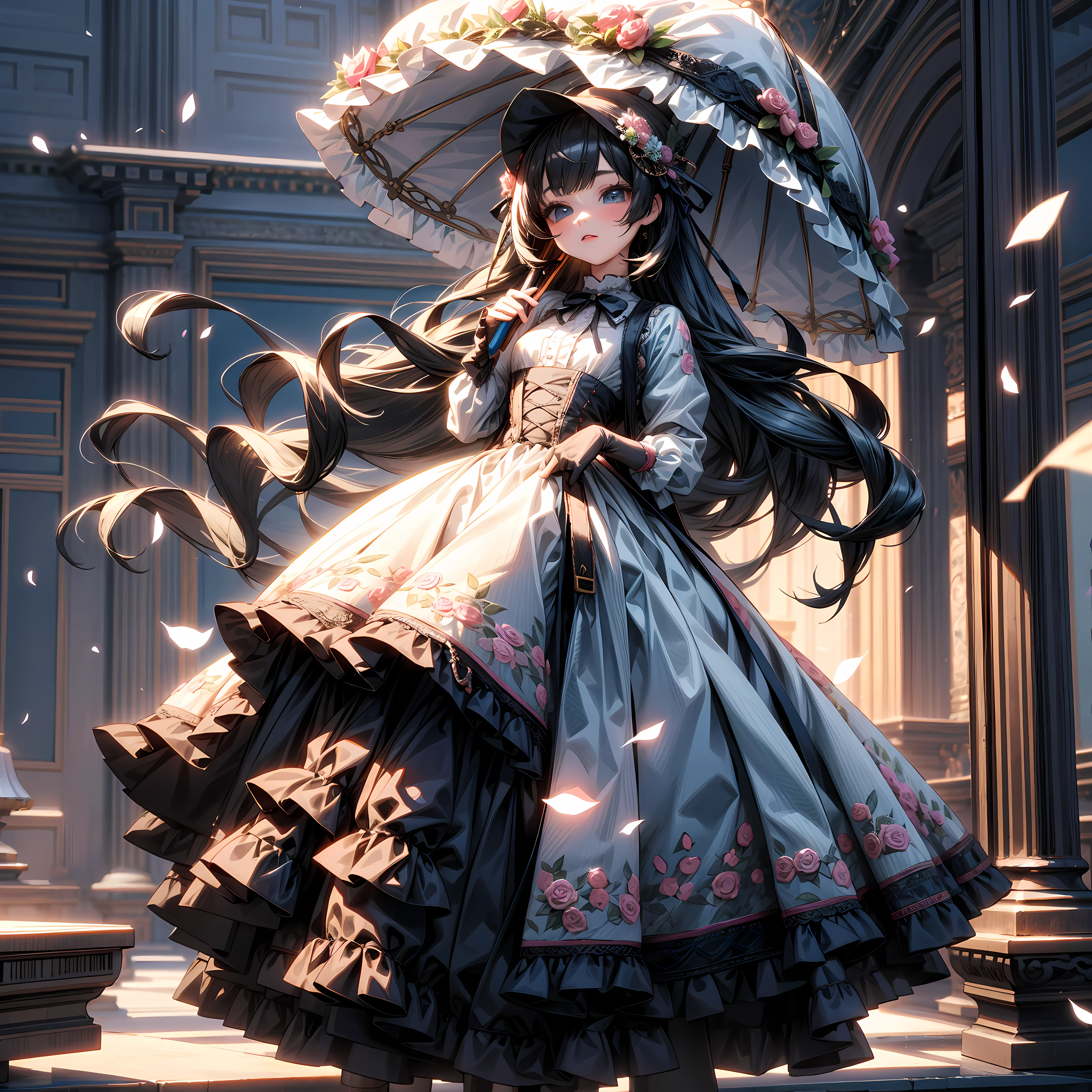 (Masterpiece), (best quality), niji style, silhouette of head of Victorian Girl、miji, kawaii girl、aniime、 1. **lo fashion**: Victorian fashion is characterized by dressy and elegant design。Ruffles and laces、corsets、Try incorporating elements such as long dresses。 2. **hairstyle on**: Women's hairstyles in the Victorian era are often complex and delicate。Upstyling and curling、It is also a good idea to add ribbons and floral ornaments to the hair.。 3. **Features**: girl features with soft features、Beautiful、kawaii、intelligent Beatty, Beautiful 5. **accessorized**: Accessories played an important role in the Victorian era。Hats、gloves、umbrellas, etc.、By drawing accessories with attention to detail、You can give your character personality。 Nice dress、florals、Luxurious costumes、PastelColors, (shining brightly), ((dazzling)), (floating a lot of flower petals, ((3D)),