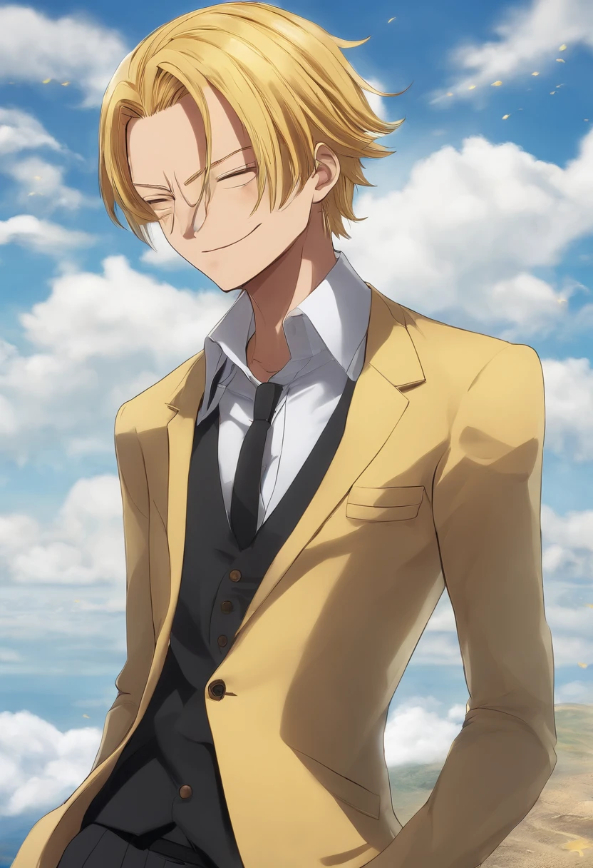 4K, Best quality, High definition, piece masute, Sanji 2, Suit, hair_Over_One_eye, eyebrows, yellow shirt, neck tie, Black jacket, facial hair, white sky and clouds background