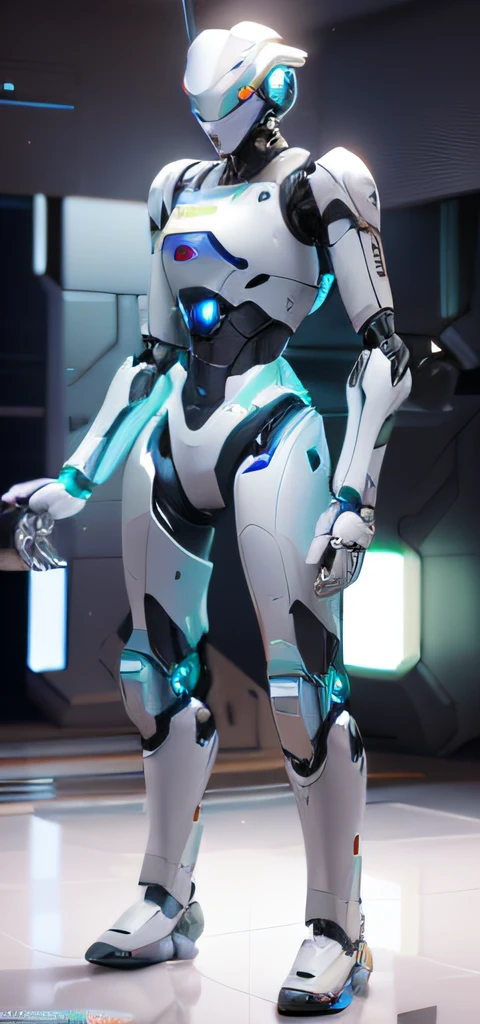 there is a robot that is standing in a room, Futuristic robot body, echo from overwatch, in white futuristic armor, rendered in unrealengine, humanoid robot close up, detailed humanoid, rendered in nvidia's omniverse, rendered in unreal engine 4k hq, rendered in unreal engine 4 k hq, ultra detailed female android, humanoid character, futuristic robotic