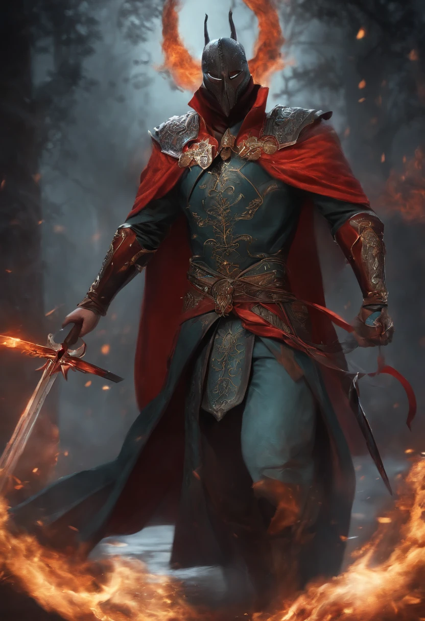 Sateen，the night，ember，Spooky masks，coat large，Fighting posture，holdingsword，SakuraNS