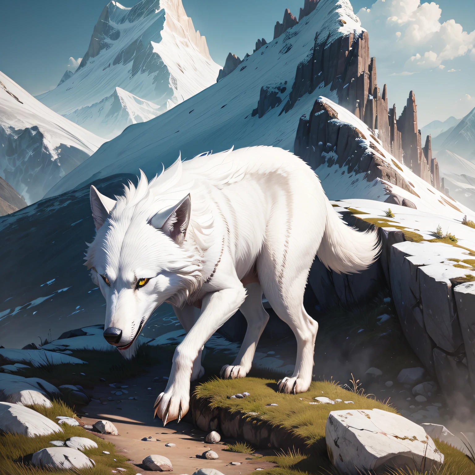A white female wolf walking up a rocky mountain side with patches of grass
