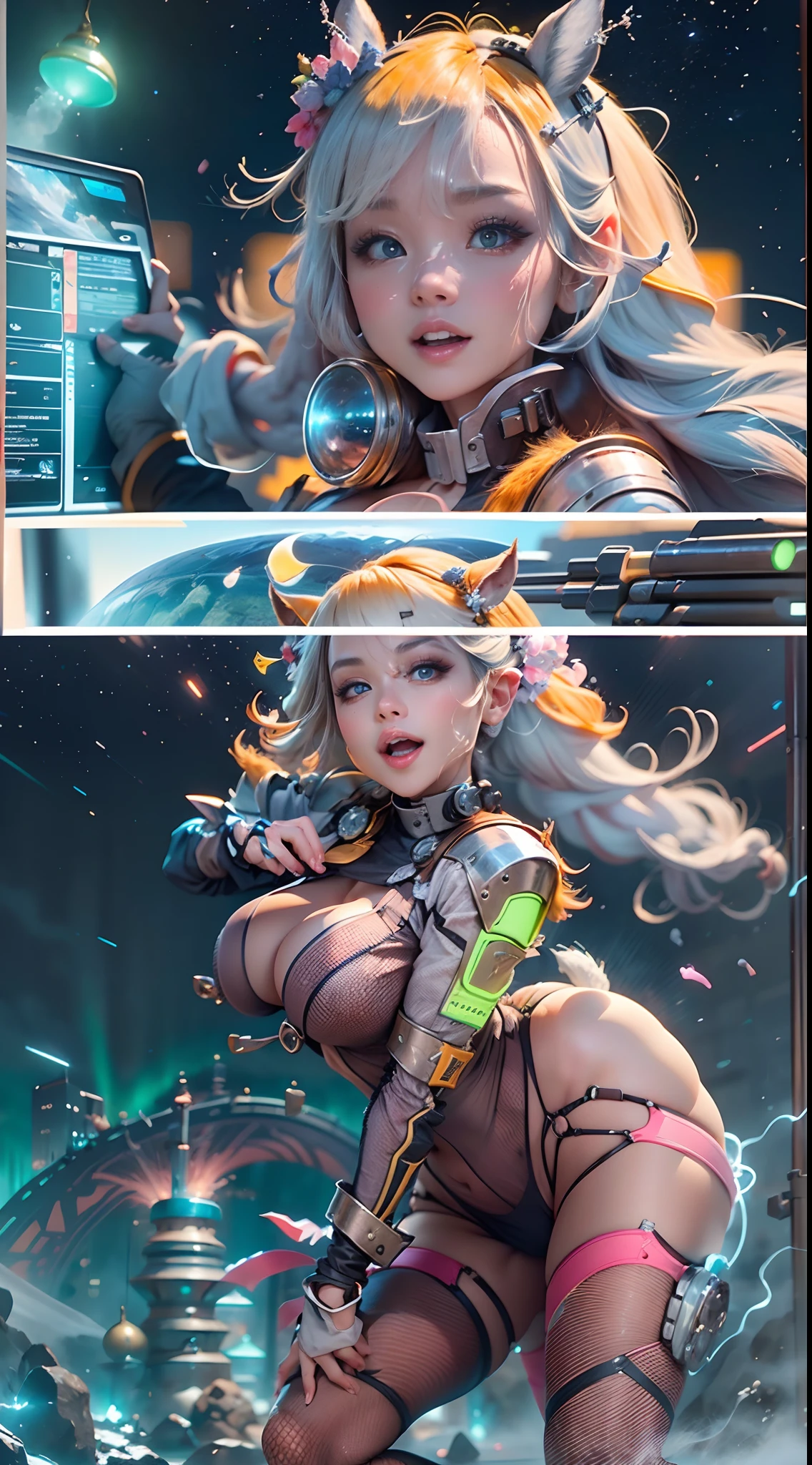 In a very grand scene,The extra-large wide-angle lens captures the appearance of a female centaur。(She is traveling through the stars:9.9),She is tall,It has the ultimate curvy beauty,The muscles are slender and firm,Beautiful lines。Her facial features are tough and coquettish,Always with a sunny smile。She wears special tight-fitting equipment with a strong sense of technology,Step on multifunctional off-road style heels,Delicate and practical protective gear is worn on the hands, feet, wrists, neck and shoulders。The detection equipment around you flashes various cue lights and neon-like information screens,Let her exude a charming brilliance。Use Midjourney's advanced tools,Design special tight-fitting equipment for female centaurs,Highlight her unique physiological characteristics and appearance details,Add realism。And in her adventure scene,Spectacular views of nature,Such as the sky where storms and sunny days alternate、Brilliant rivers of stars and auroras、The snow-capped summit of Mount Everest、Fireworks in the mountain town, etc。ao mesmo tempo,Away from the hustle and bustle of Long Beach Pier is a neon-lit spaceship docked,Create a fantastic scene。Use Midjourney's advanced tools and multiple color palettes、Brush Strokes、Texture tools and model packages,It shows a sense of atmosphere where beauty and charm coexist。The charm of the female centaur is highlighted through color and lines,Enhance realism with detailing,Create a surreal dreamy feeling。Additionally,Use Midjourney's tools to add a variety of extreme sports gear and cultural trinkets to the female centaur,Create intricate hairstyles and outfits,Give her a sense of premium。She never flinches,Regardless of the terrain,can respond quickly,Even the extreme geography and dangerous terrain of aliens cannot stop her。Use Midjourney's powerful tools,You can do it with incredible detail and beauty,Bring this ultra-grand and beautiful scene to life。Ultra-grand scenes,super wide shot, hdr,(真实感,Masterpiece quality,