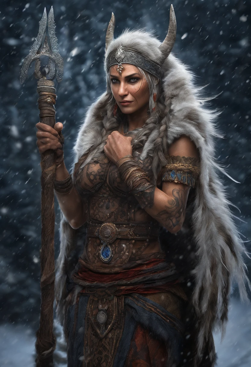 (best quality,4k,8k,highres,masterpiece:1.2),ultra-detailed,(realistic,photorealistic,photo-realistic:1.37),white haired scraggly tattooed female viking shaman,has blue glowing tattoos,illustration,ancient,fierce expression,weathered face,blue war paint,body covered in intricate tattoos,sharp facial features,muscular build,wielding a magical staff,glowing runes,standing in a snowy landscape,snow falling gently from the sky,blizzard in the distance,fur cloak flowing in the wind,determined posture,ice crystals forming on her bare chest,vibrant colors,powerful aura,mythical creatures in the background,capturing a moment of her summoning the forces of nature,exuding strength and wisdom.