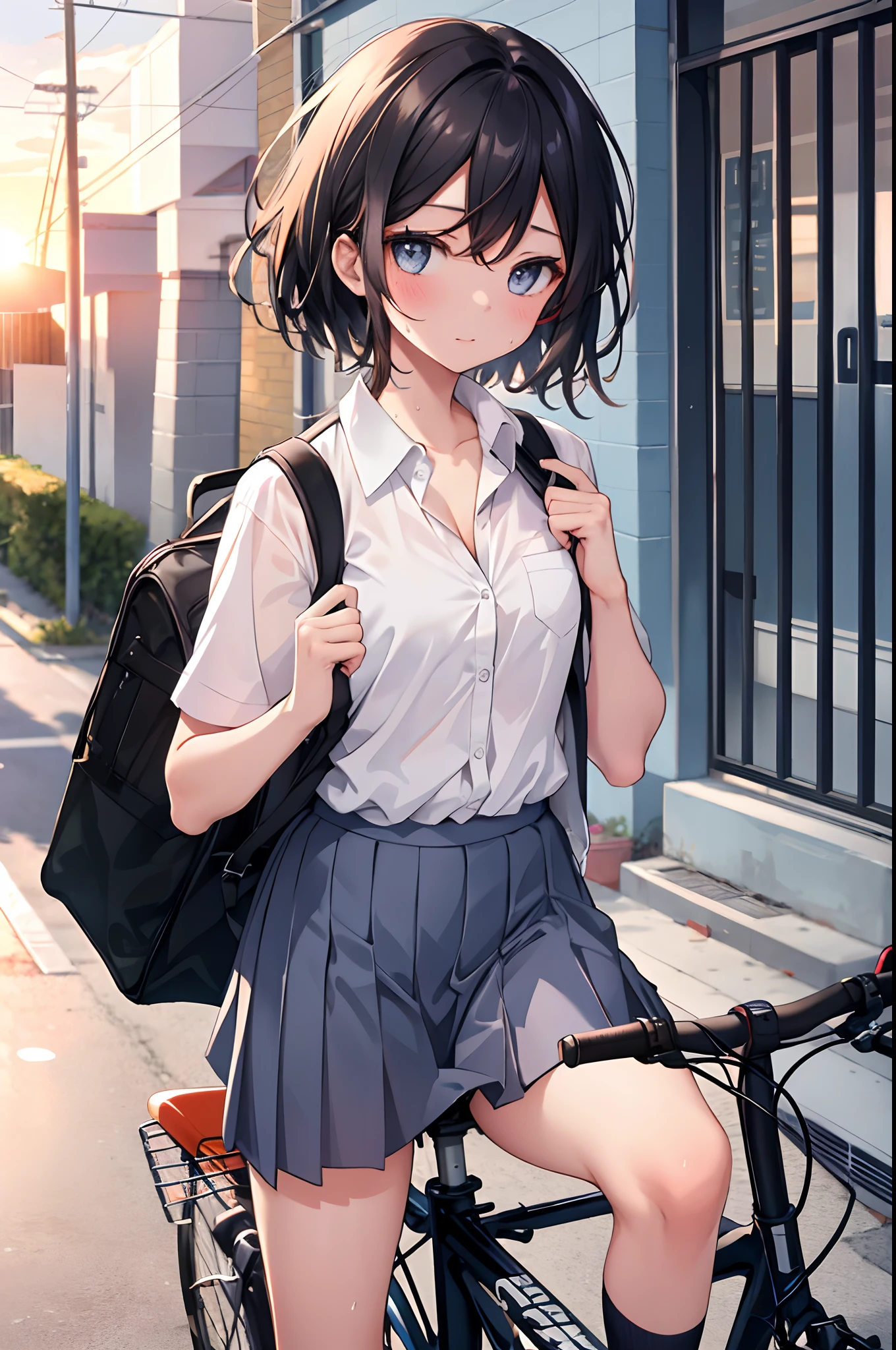 best quality, masterpiece, 1girl, a girl walking with her bicycle from school, school uniform, sunset, sweat, unbuttoned