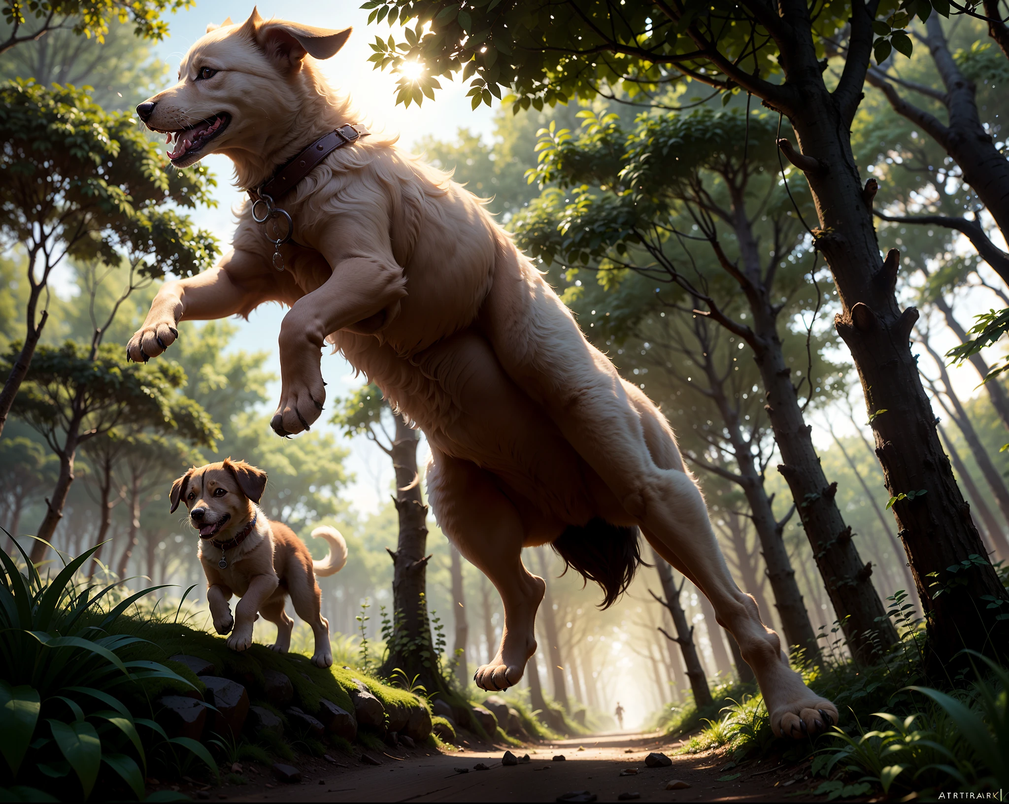 close up photo of a very cute jumping puppy in the forest, soft volumetric lights, (backlit:1.3), (cinematic:1.2), intricate details, (ArtStation:1.3), Rutkowski