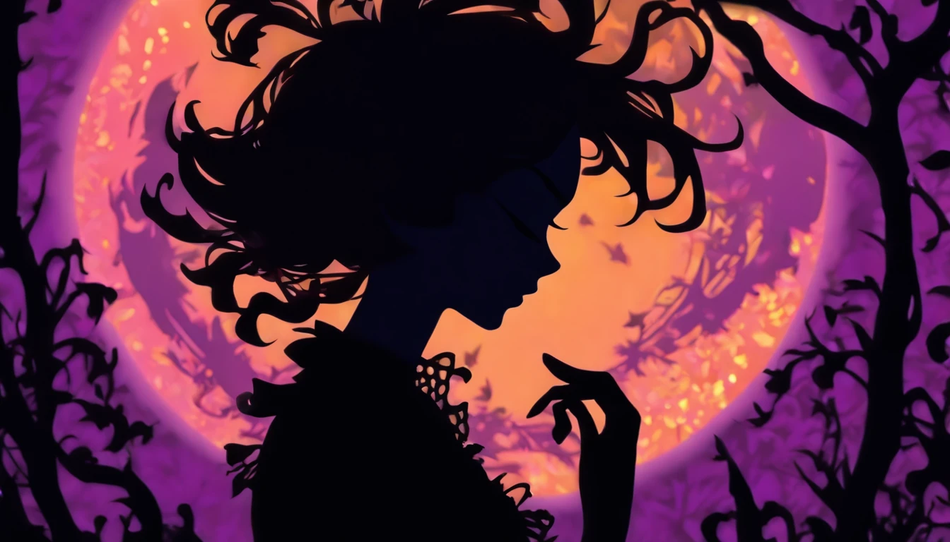 (Silhouette Art,cutouts:1.6)
(((Paper cutting art,A world where only black exists:1.3)
(Cowboy Shot),1 girl,Solo,
(Girl in a witch's hat,profile:1.2),white, Clear and beautiful face,The Moon Behind
break
(Purple Moon、Yellow Jack O' Lantern)
Textured glass background,Arcana World