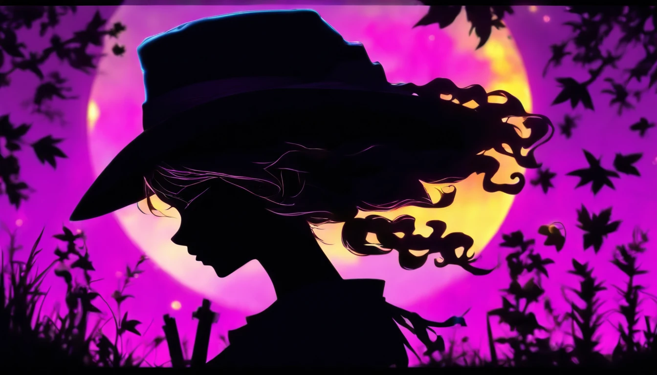 (Silhouette Art,cutouts:1.6)
(((Paper cutting art,A world where only black exists:1.3)
(Cowboy Shot),1 girl,Solo,
(Girl in a witch's hat,profile:1.2),white, Clear and beautiful face,The Moon Behind
break
(Purple Moon、Yellow Jack O' Lantern)
Textured glass background,Arcana World