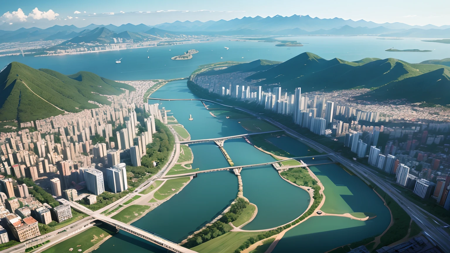 Aerial view of the city with lakes and highways, Tilt-shift photo inspired by Zhou Jichang, Deviant-art, Digital art, parks and lakes, baotou china, beijing, aerial view of a city, detailed lake in background, Beautiful rendering of the Tang Dynasty, aerial view of a city, wide river and lake, landscape of a future city