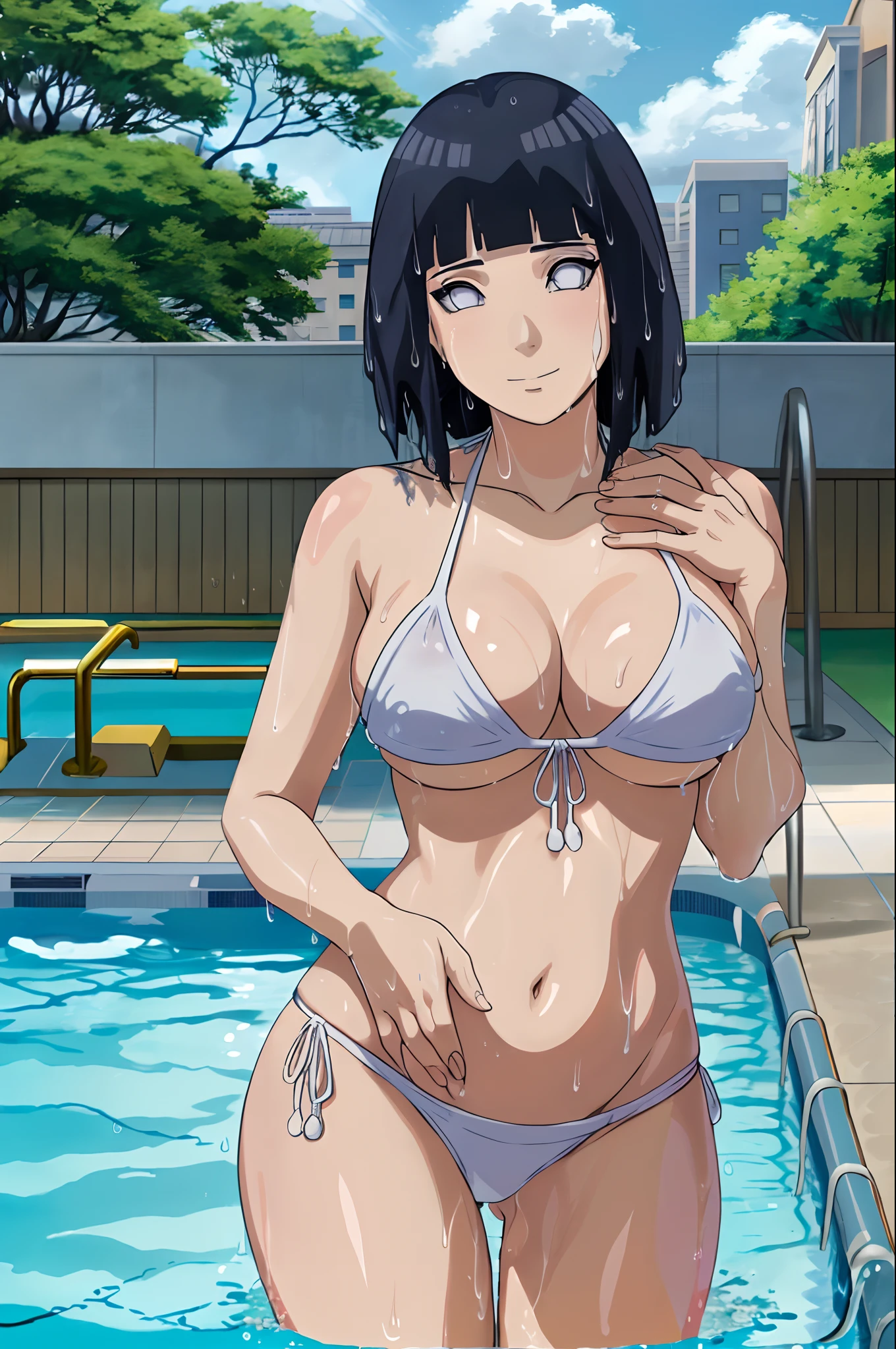 (WALLPAPER, (hinata\(boruto\), (((white string bikini))), masterpiece, 4k, vector coloring, whole body shot, (high color saturation), contrast lighting, mature female, (curvy:0.8), solo, anime style, sharp focus, professional artwork, intricate details, colorful, vibrant colors, vivid colors, digital blending, ultra detailed body, ultra detail hair, ultra detail face, trending on pixiv, very hot colors, (((swimming pool background, outdoors))), detailed bold arm lines, high color saturation, bold lines, bold drawing lines),
(((swimming)), (head tilt), closed mouth, blushing smile),
((dark blue hair color:1.1), wavy hair, ((short hair, hime cut)),
(perfect eyes, white sciera, bright eyes, white eyes, anime eyes, smoky eyeliner, eyeshadow)
(white skin, (fair skin), slender body, milf, perfect face, wet body, wet face, wet hair),
(legs, big breasts, off-shoulders, (detailed shoulders, detailed arm lines)),
(bare shoulders, bare legs, (hand on hip),