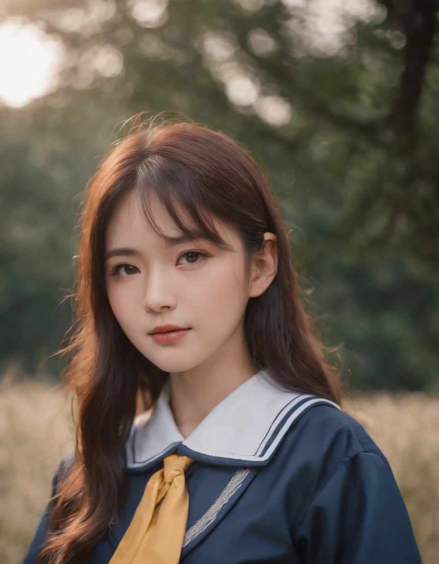 best quality, 1girl, long hair, beautiful eyes, ((japanese school shirt)), a sailor suit，Dark blue pleated skirt,sailor collar, neckerchief, short sleeves, white skirt, outdoors,  high quality photo.versized portraits, babycore, upper body