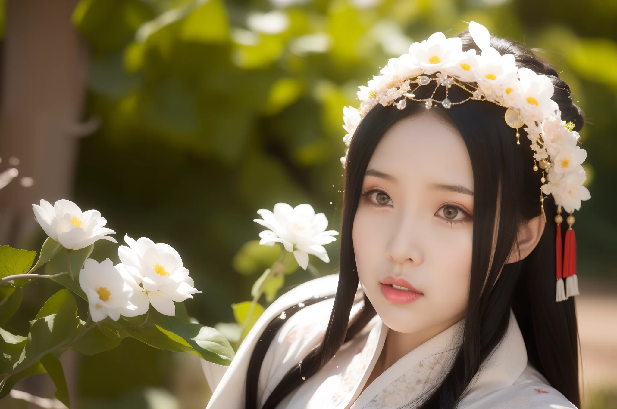 arafed woman with a flower crown on her head, palace ， a girl in hanfu, a young asian woman, chinese princess, white hanfu, chinese girl, chinese woman, portrait shot, hanfu, wearing ancient chinese clothes, an asian woman, cover photo portrait of du juan, inspired by Huang Ji, young asian woman, shot on canon eos r5, (from the outside) the best quality, masterpieces, realistic photos, intricate details, original photos, off work, home, on a private jet, it's raining outside, hoodies, black hair, extra-long hair, off-the-shoulders, feather hair accessories,