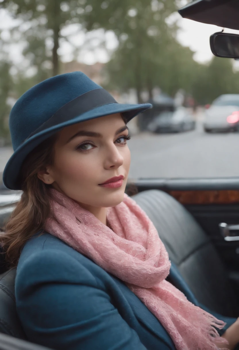 35mm portrait A beautiful woman with a hat on her head and a scarf around her neck driving a blue Beetle convertible, convertible car, Movie city and some trees with pink leaves, lighting dramatic, Ultra resolution, reflections on the ground and overcast sky, detalhamento intrincado, hiper-realista, Cinematic photorealistic, 4k