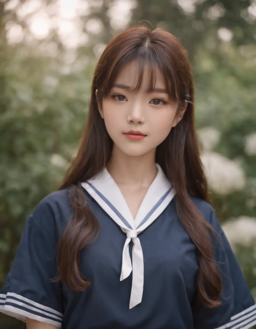 best quality, 1girl, long hair, beautiful eyes, ((japanese school shirt)), a sailor suit、Dark blue pleated skirt,sailor collar, neckerchief, short sleeves, white skirt, close-up, standing, outdoors, medium shot, high quality photo,Japanese ido