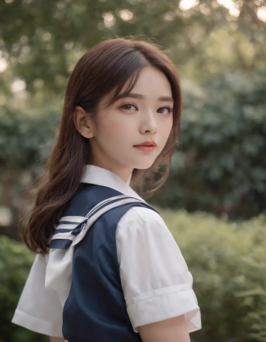 best quality, 1girl, long hair, beautiful eyes, ((japanese school shirt)), a sailor suit、Dark blue pleated skirt,sailor collar, neckerchief, short sleeves, white skirt, close-up, standing, outdoors, medium shot, high quality photo，Japanese ido