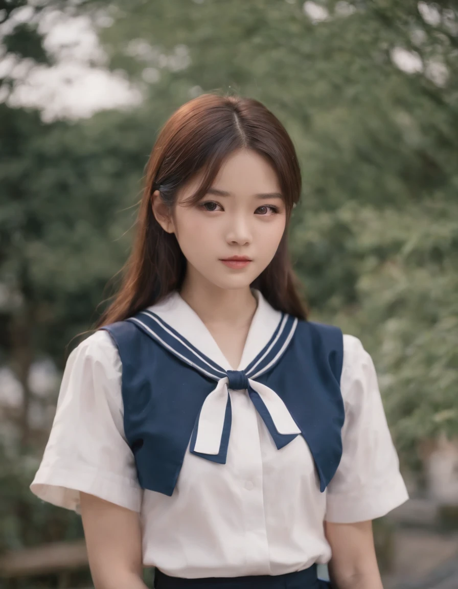 best quality, 1girl, long hair, beautiful eyes, ((japanese school shirt)), a sailor suit、Dark blue pleated skirt,sailor collar, neckerchief, short sleeves, white skirt, close-up, standing, outdoors, medium shot, high quality photo，Japanese ido
