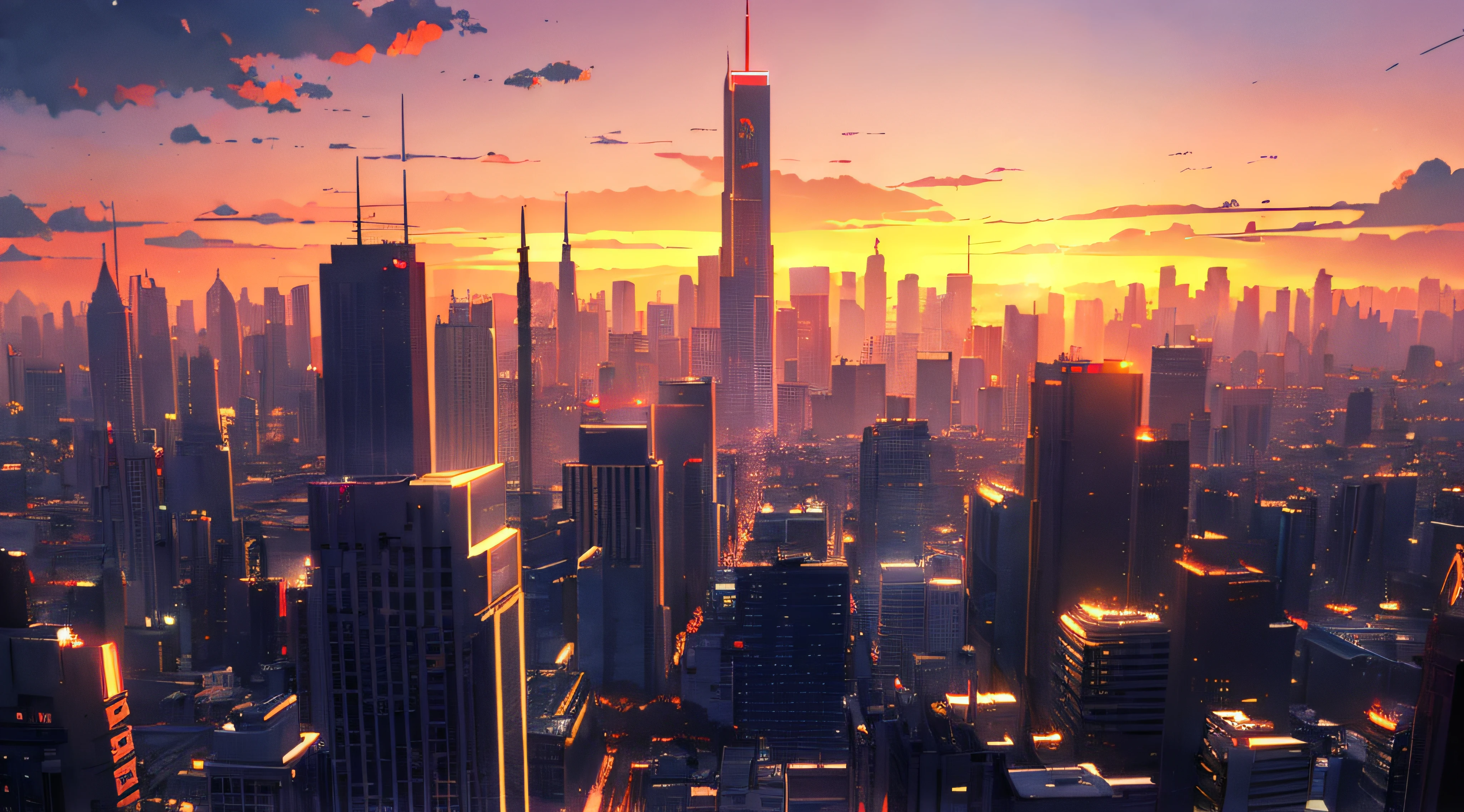 landscapes、No humans、(masterpiece:1.2、top-quality)、(illuminating)3、Urban buildings dyed in the sunset looking up from below、The building is dark、Looks hazy in shadows。The entire screen is bright red、By Shinkai Makoto、anime styled、The sky is also dyed bright red、(Skyscrapers and buildings:1.2)