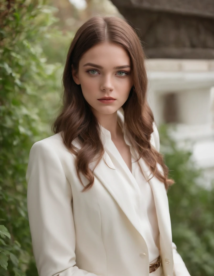 Cassady McClincy, 18yr old , con pelo largo bob NEGRO, vivid and drawn green eyes, dress with white suit and DISCREET tailoring trousers , long chestnut brown hair,primer plano