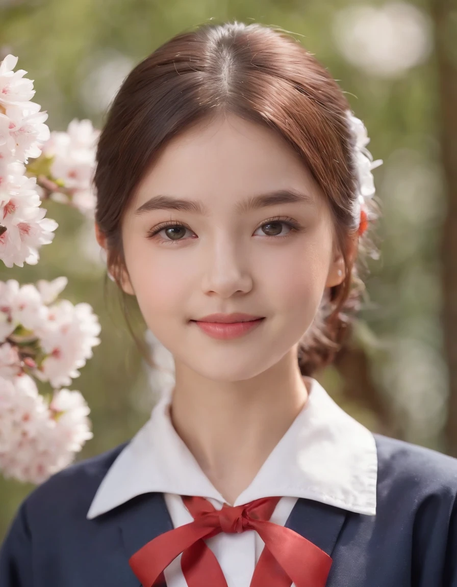 (age allure, 4K, high resolution, photo-realistic:1.3), a captivating portrayal of an attractive lady wearing a Japanese school uniform, (neatly tied hair with a delicate ribbon:1.2), (bright eyes that exude youth and charm:1.2), standing in a schoolyard surrounded by cherry blossom trees, (gentle petals fluttering in the breeze:1.1), soft sunlight creating a warm ambiance, (subtle smile conveying innocence and allure:1.1), (Sony Alpha 6400 camera, ideal for capturing youthful charm:1.2), (paired with a Sony E 50mm f/1.8 OSS lens:1.2), (capturing her youthful charm with precision:1.1), (emphasizing the timeless beauty of a school setting:1.1), (highlighting her innocent yet alluring presence:1.1), (the image evoking a sense of youthful elegance and nostalgia:1.1).