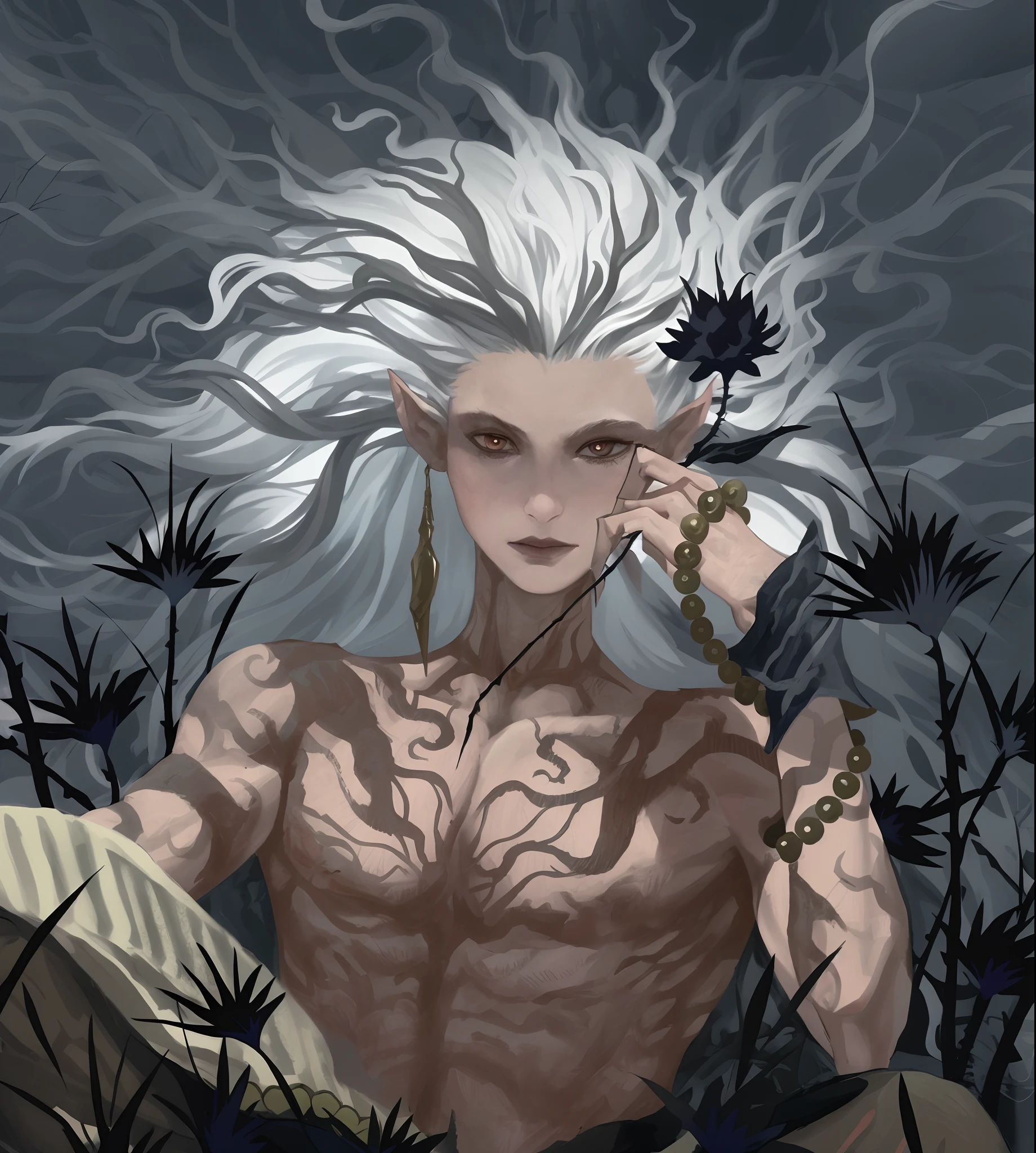 There is a painting of a woman with white hair and tattoos, fit male demon with white horns, white-haired god, portrait of a slender elven man, skinny male fantasy alchemist, silvery skinned male elf, lolth, beautiful male drow, male medusa, of an elden ring elf, Male Drow, portrait of albino mystic