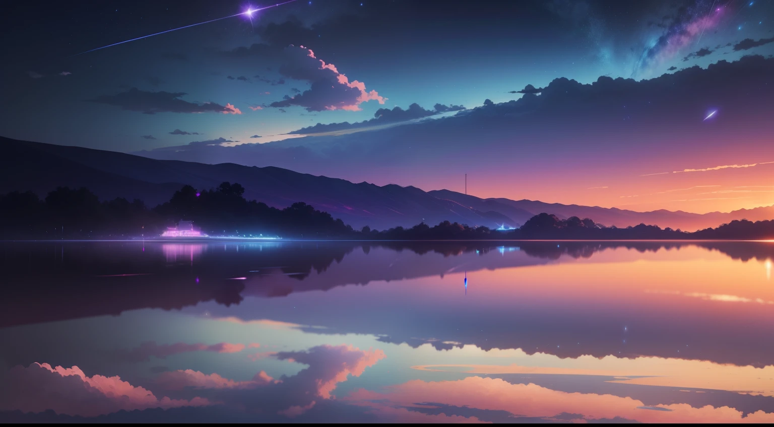 Shooting a painting of shooting stars over the lake, there are two shooting stars, pink and blue shooting stars. The blue sky, the pink-purple lake surface, has a layered color transition. You name it movie style, anime backgrounds, anime movie backgrounds, perfect reflection effects, anime sky, amazing wallpapers, vibrant colors, vibrant colors, bright colors. You name it, colorful anime movie backgrounds, anime clouds, beautiful anime scenes, anime background art, cosmic sky. Author: Makoto Shinkai, ufotable art style, anime beautiful peaceful scenes, atmospheric anime,4k,8k,masque
