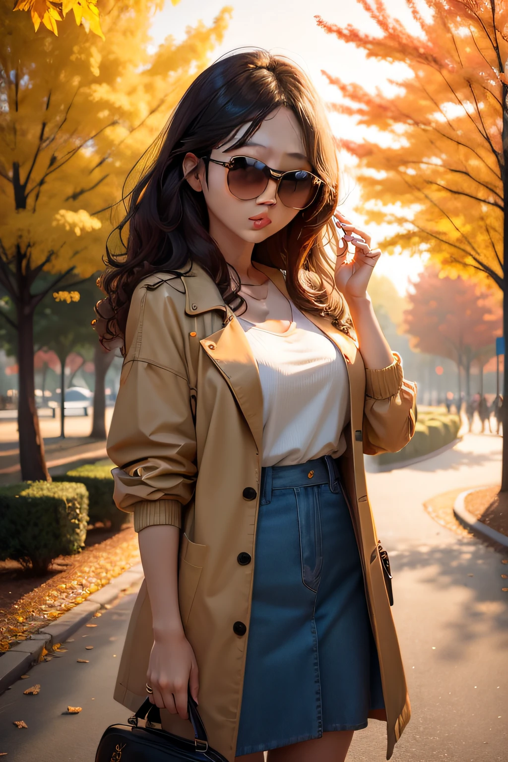 asian girl, sunset, park trees background, curly hair, sunglasses, autumn