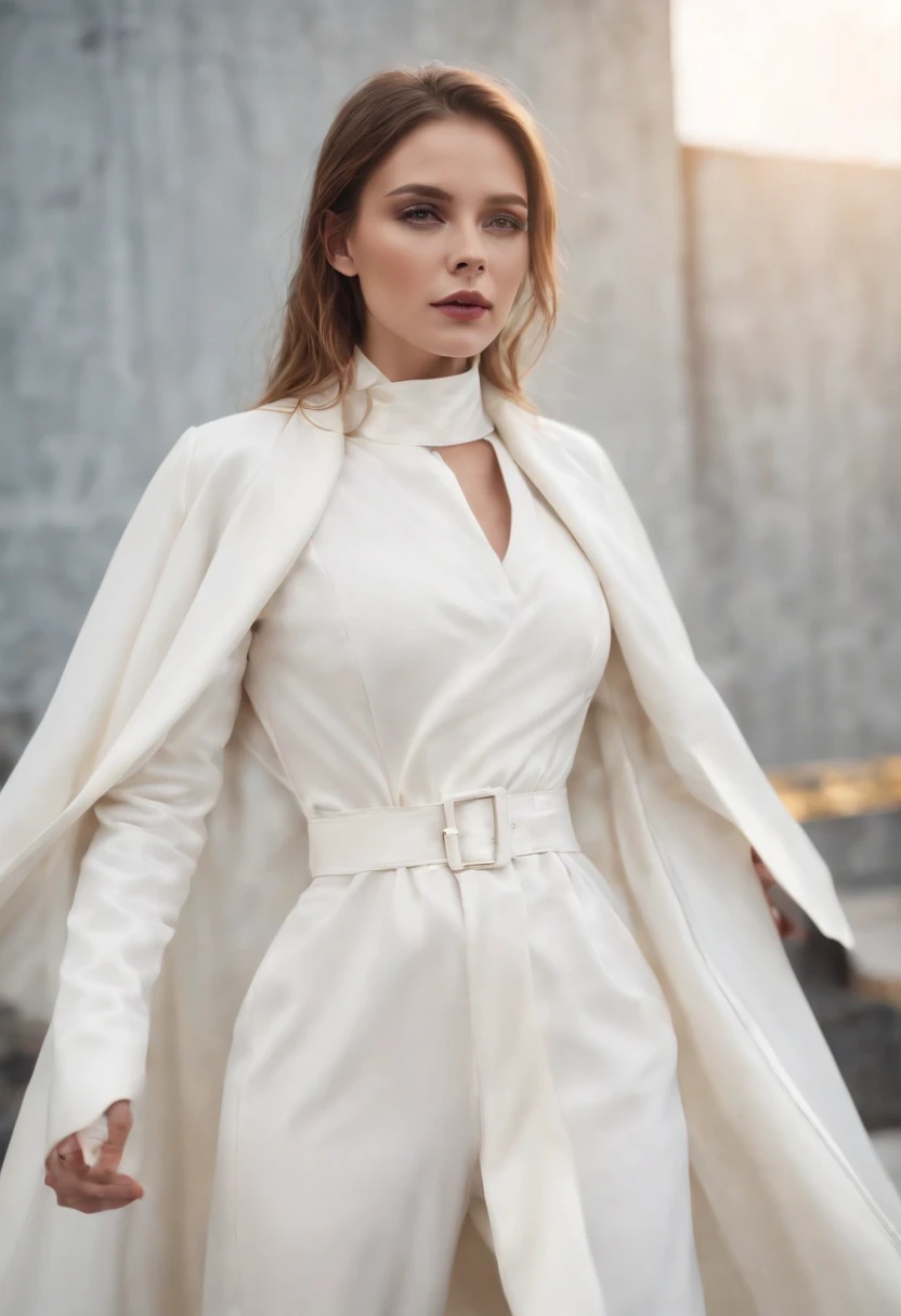 White silk girl high quality white leather coat,The light and shadow effects are intense,tightsuit,Cool mask,Sunlight High resolution Golden ratio
