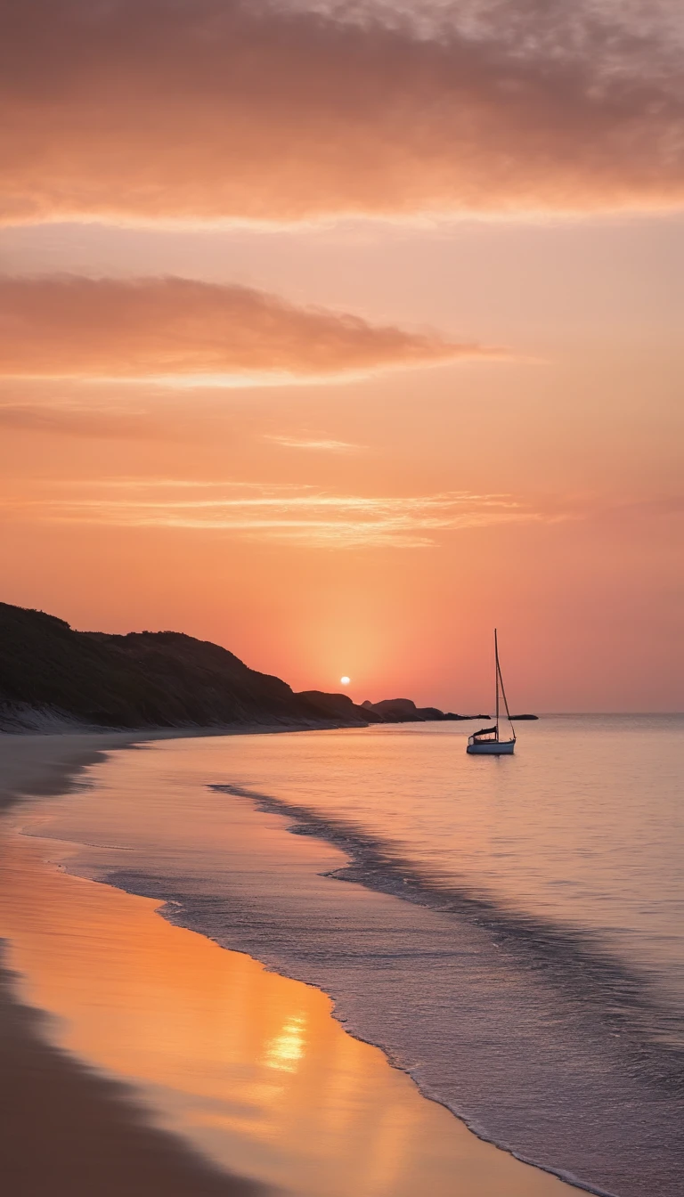 serene beach at sunset, with soft pastel colors reflecting off the water and a lone sailboat in the distance.