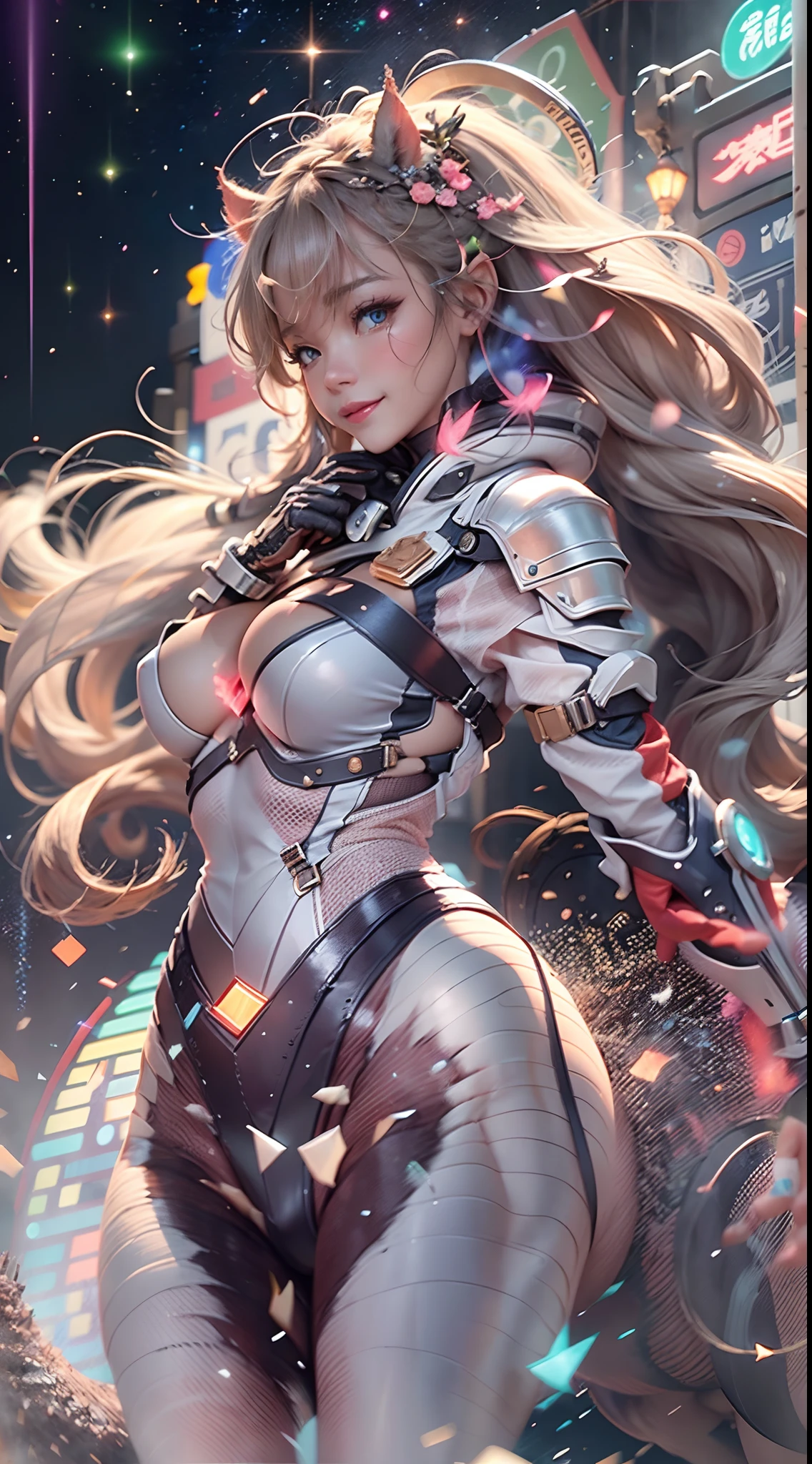 In a very grand scene，The extra-large wide-angle lens captures the appearance of a female centaur。（She is traveling through the stars：9.9），She is tall，It has the ultimate curvy beauty，The muscles are slender and firm，Beautiful lines。Her facial features are tough and coquettish，Always with a sunny smile。She wears special tight-fitting equipment with a strong sense of technology，Step on multifunctional off-road style heels，Delicate and practical protective gear is worn on the hands, feet, wrists, neck and shoulders。The detection equipment around you flashes various cue lights and neon-like information screens，Let her exude a charming brilliance。Use Midjourney's advanced tools，Design special tight-fitting equipment for female centaurs，Highlight her unique physiological characteristics and appearance details，Add realism。And in her adventure scene，Spectacular views of nature，Such as the sky where storms and sunny days alternate、Brilliant rivers of stars and auroras、The snow-capped summit of Mount Everest、Fireworks in the mountain town, etc。ao mesmo tempo，Away from the hustle and bustle of Long Beach Pier is a neon-lit spaceship docked，Create a fantastic scene。Use Midjourney's advanced tools and multiple color palettes、Brush Strokes、Texture tools and model packages，It shows a sense of atmosphere where beauty and charm coexist。The charm of the female centaur is highlighted through color and lines，Enhance realism with detailing，Create a surreal dreamy feeling。Additionally，Use Midjourney's tools to add a variety of extreme sports gear and cultural trinkets to the female centaur，Create intricate hairstyles and outfits，Give her a sense of premium。She never flinches，Regardless of the terrain，can respond quickly，Even the extreme geography and dangerous terrain of aliens cannot stop her。Use Midjourney's powerful tools，You can do it with incredible detail and beauty，Bring this ultra-grand and beautiful scene to life。Ultra-grand scenes，super wide shot， hdr，（真实感，Masterpiece quality，