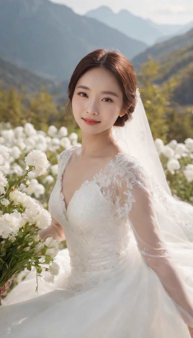 An 18-year-old Chinese girl，Plain smile，Wearing a white wedding dress，Holding white flowers in his hand，The ground is covered with flowers。The background is snow-capped mountains and the sun shining，She is facing the camera，The shooting angle is a half-length photo，A 20mm lens was used，She is slender。