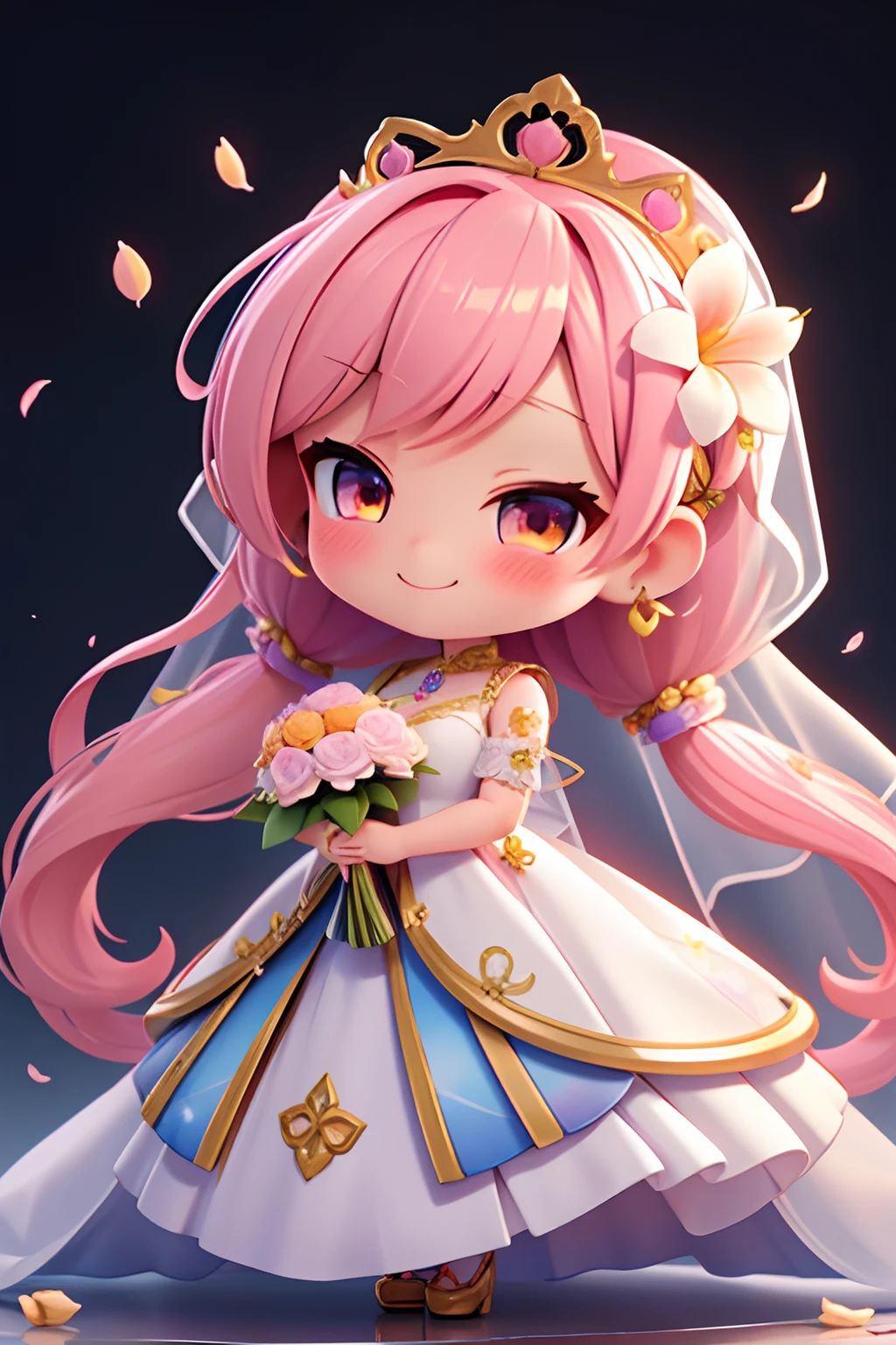 photoRealstic、Nendroids in wedding dress standing in front of the painting、A smile、watercolor Nendoroid、(High Definition Figure)、Flowing iridescent silk、up of face、Eye Up、Colorcon with heart pattern、Floral dress、There are also flowers in front of the nendroids、flower petals、season!!: 夏天☀ 🍂