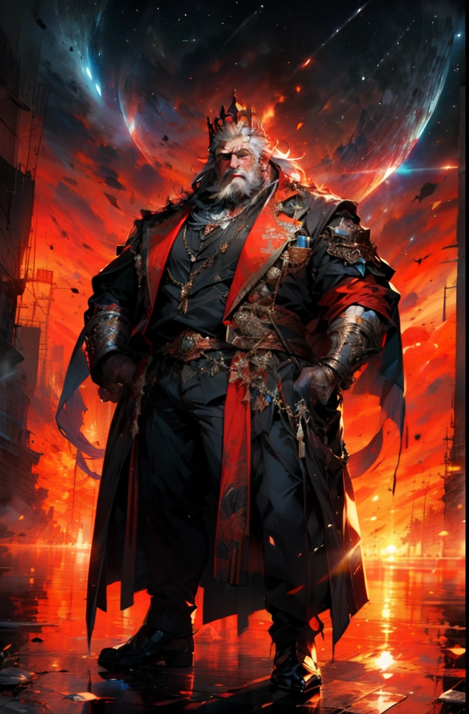 old man, bara,king, thick body, slightly fat,ornate clothes,luxury,crown,white beard,white hair,handsome, sharp gaze, in cage,glowing red eyes,big eyes, big bulge, standing, hide hands behind hip, hd quality, masterpiece, extremely detailed, looking to the viewer, perspective view, UHD, 64k, unreal.(highly detailed skin), (detailed face), detailed background, dark lighting, twilight lighting, volumetric lighting, intricate details, UHD