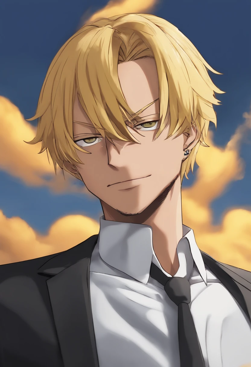 4K, Best quality, High definition, slim masute, Sanji 2, Suit, hair_Over_One_eye, eyebrows, yellow shirt, neck tie, Black jacket, facial hair, white sky and clouds background, fuming smoke out from behind