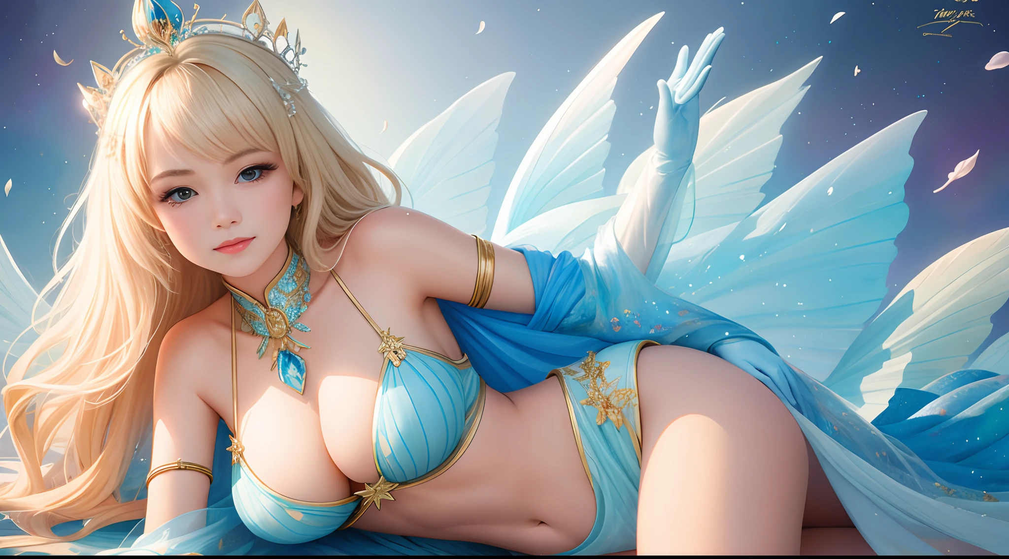 photography of, HD,, photore, woman, Beautiful dress gorgeous, mdjrny-v5, A gorgeous blonde female style portrait in stefan kostic style, Realistis, Bust photo, Clear focus, 8 k high definition, The is very detailed, iintricate, ellegance, The Art of Stanley Lau and Artgerm, Extremely blurry flame background, Princess girl with wings, blue colors, pastels, glitters, dramatic, Dreamy, pastels, watercolor paiting, Whimsical, Exquisite, Shell crown, Trends on Artstation, The is very detailed, iintricate,sportrait,digitial painting,fantasy themed,Fantasy robes,Fantasy concept art,Fantasy character art,Smug,teens girl,perfect bodies,full bodyesbian,dream magical,pastels,aquarelle,whimsically,delicated,A masterpiece of the Shell Crown,8k,lighting perfect,鎖骨,Exquisite and perfect facial features,largeeyes,long eyelasher,The eyes are sweet and there are lying silkworms,ssmile,extreme picture quality,Highest accuracy,The perfect human structure, ((Busty:1.2,showing belly)),((Burst breasts:1.2)),,AS-Adult,femele,cowboy lens,looking at viewert,电影灯光,fawn